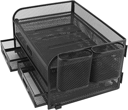 Sorandy Multifunctional Metal Mesh Desk Organizer, 3 Tier Foldable Wire Paper Letter File Organizer with Sliding Drawers, Black Pen Pencil Holder for Home Office Art Supplies