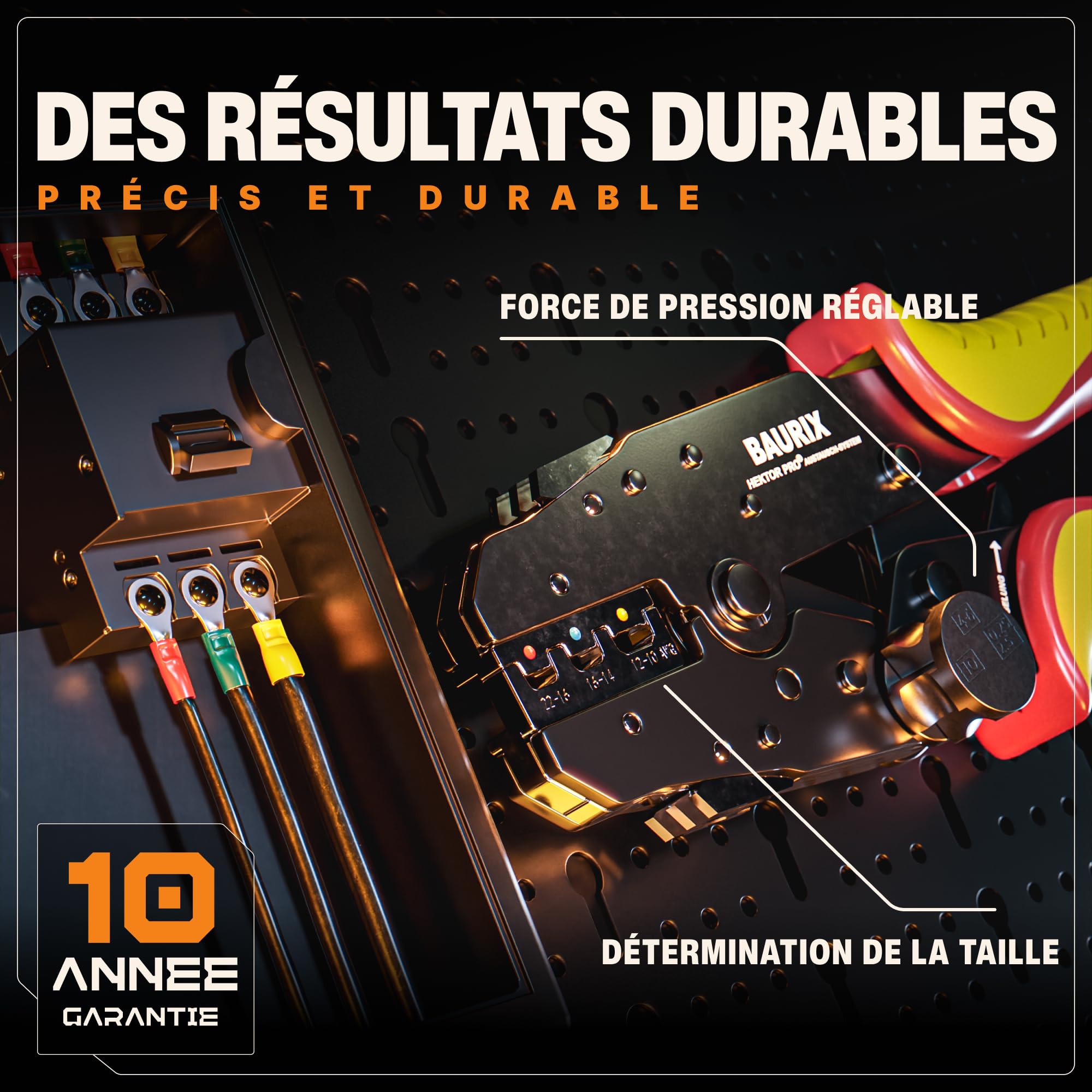 BAURIX® Pince à Sertir Mâchoires Interchangeables – + Pince à Dénuder | Modèle HEKTOR PRO & AKURA. 6 jeux de mors + pince à dénuder. Cosses, fastons, embouts et connecteurs isolés.