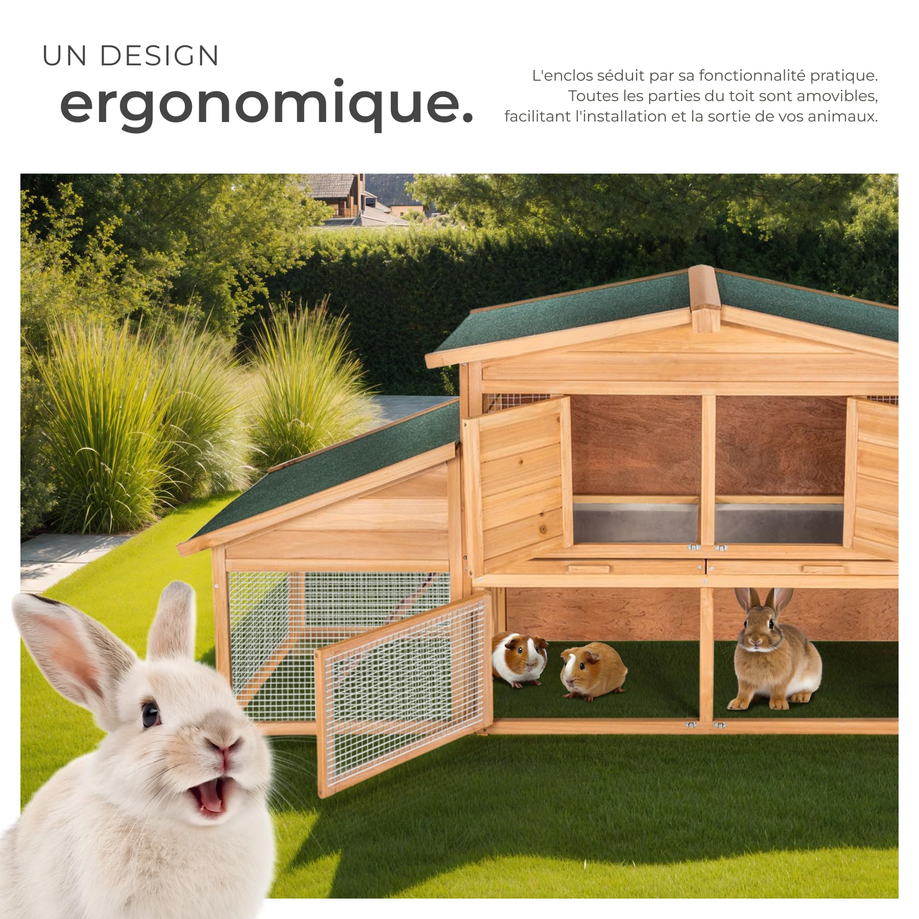 tectake® Clapier Lapin Exterieur Cage Lapin & Autres rongeurs Poulailler pour Poules en Bois imperméable avec Parc XXL au Sol sans Fond et 2 Tiroirs à déjection, 4 Portes verrouillables