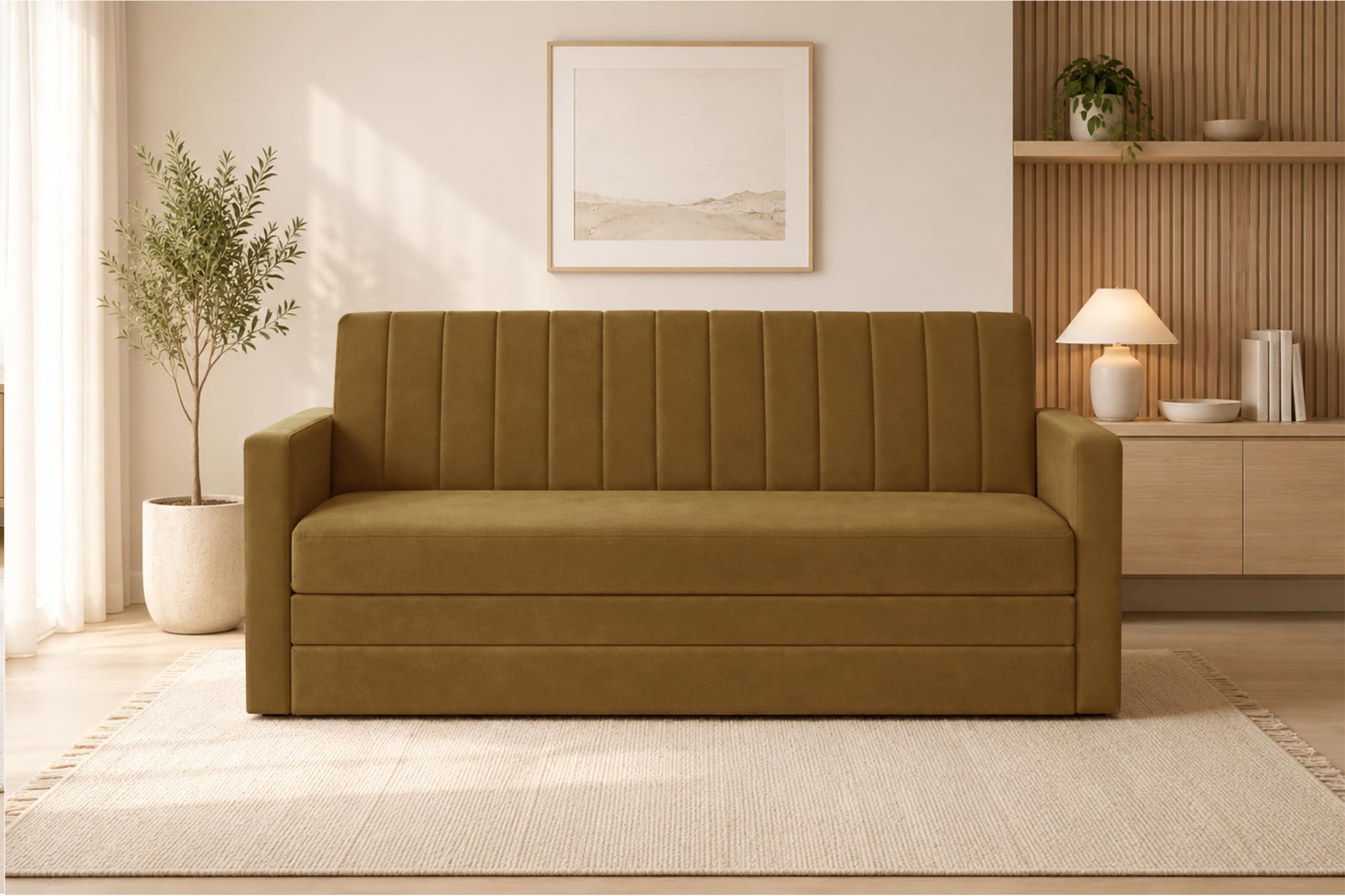 Los Angeles Modern Velvet 3-Seater Sofa Cum Bed with Armrest, Multipurpose Convertible Sleeper Couch Sofa for Living Room, Bedroom & Office- Golden Color