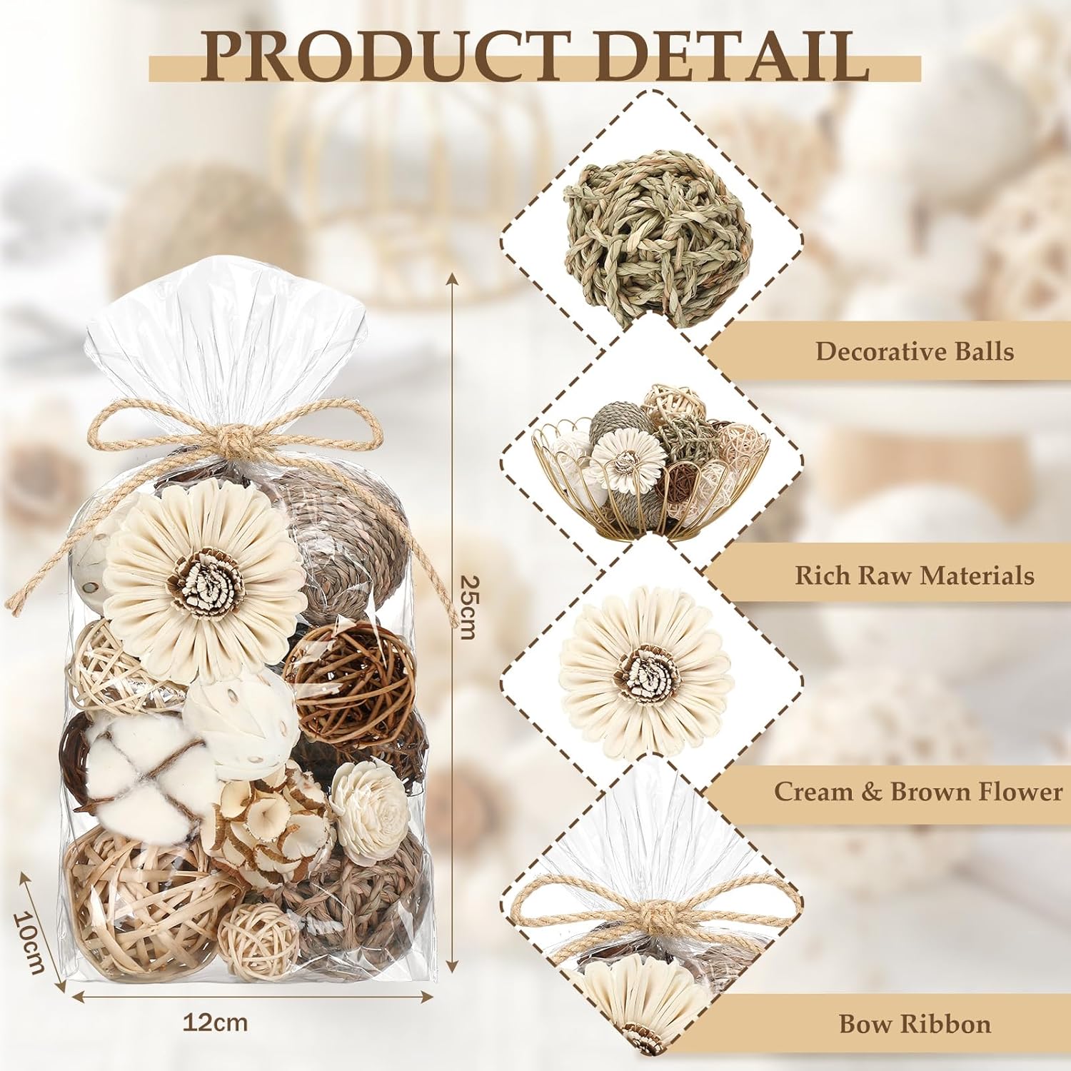 Riceshoot 2 Pack Decorative Balls Potpourri Bowl Filler Decor Natural Vase Bowl Filler Assorted Spherical Rattan Twigs Wicker Balls Cotton for Home Centerpiece(Brown)