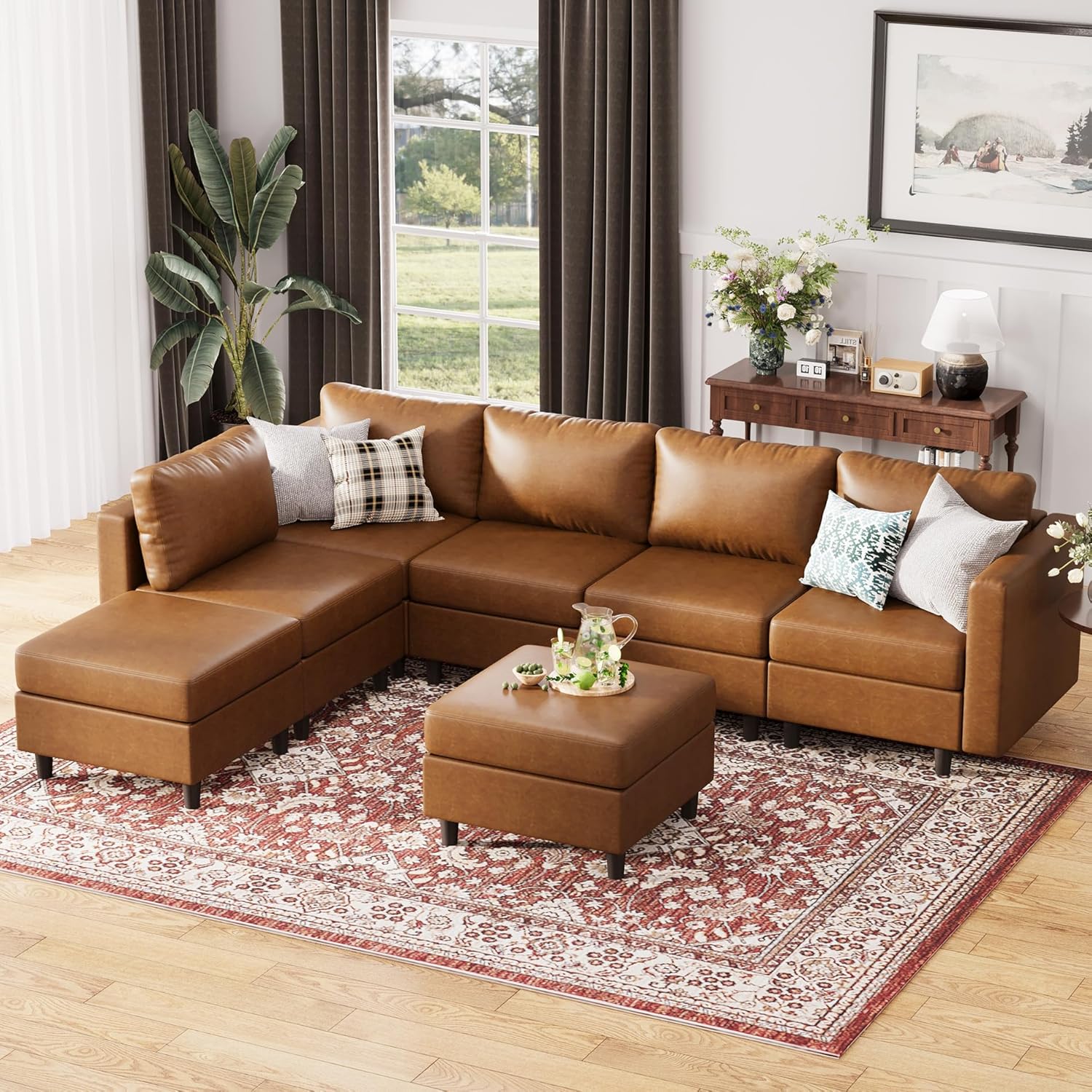 ABCASA 118.5″ Faux Leather Modular Sectional Sofa, L Shaped
