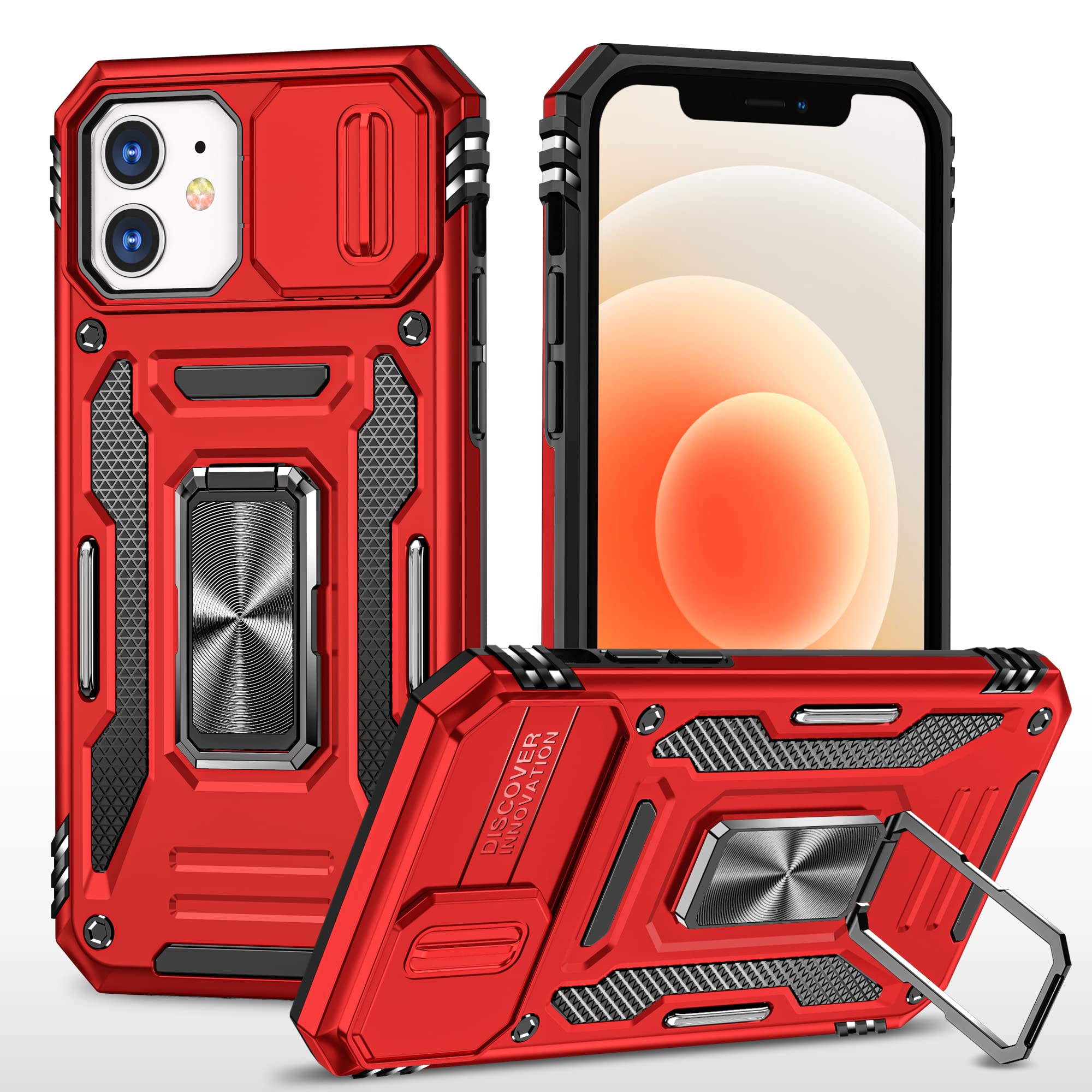 2NSPDRGNI Slide Camera Cover for iPhone XR 6.1,Kickstand with Built-in 360° Rotate Magnetic Ring Stand Shockproof Protective Armor Cover,Red