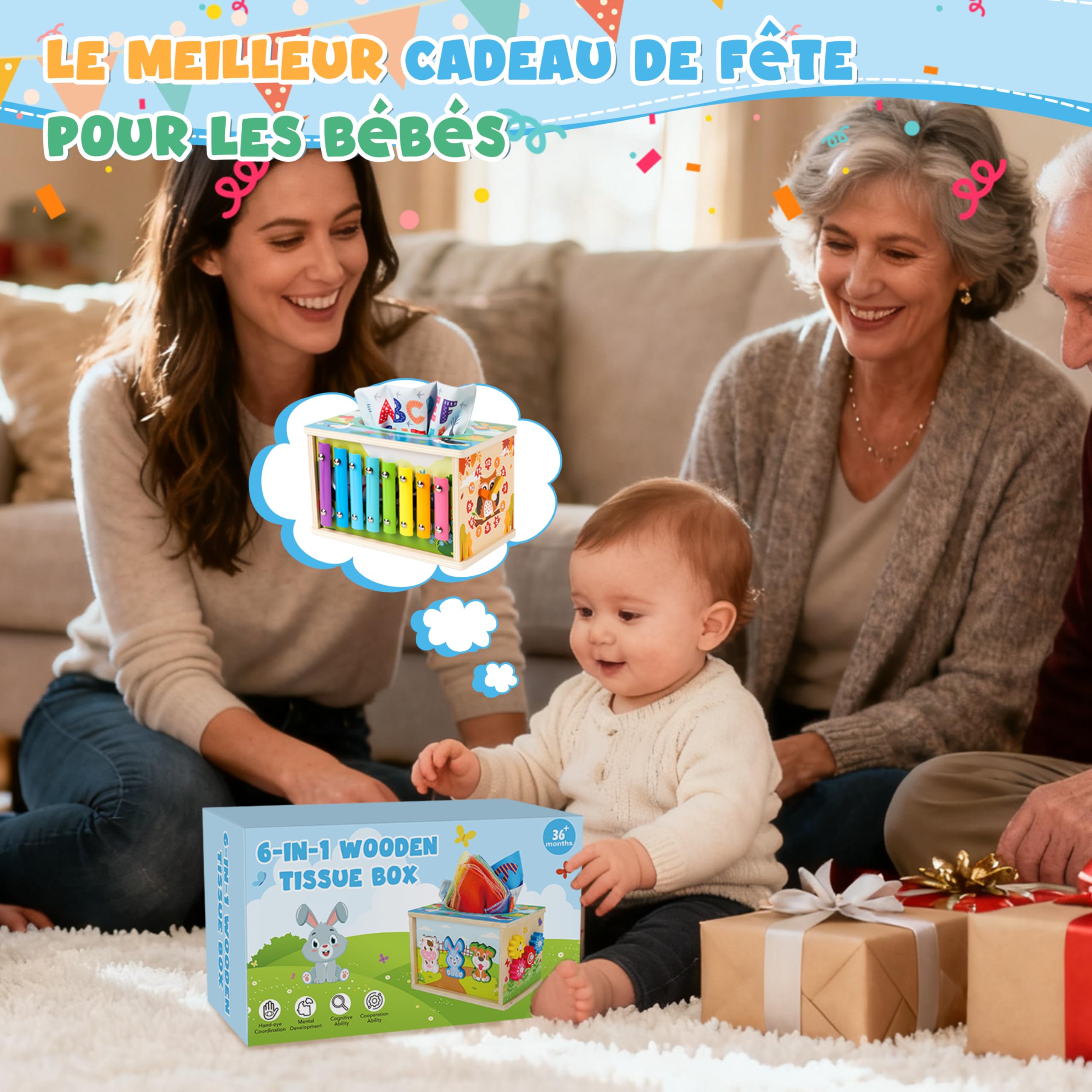 Charmofun Jouet Bébé Montessori 1 an, Jouet Boîte à Mouchoirs Bébé, Xylophone, Jeu Pêche, Tri de Formes, STEM Educatif Cadeau pour Enfants Filles et Garçons