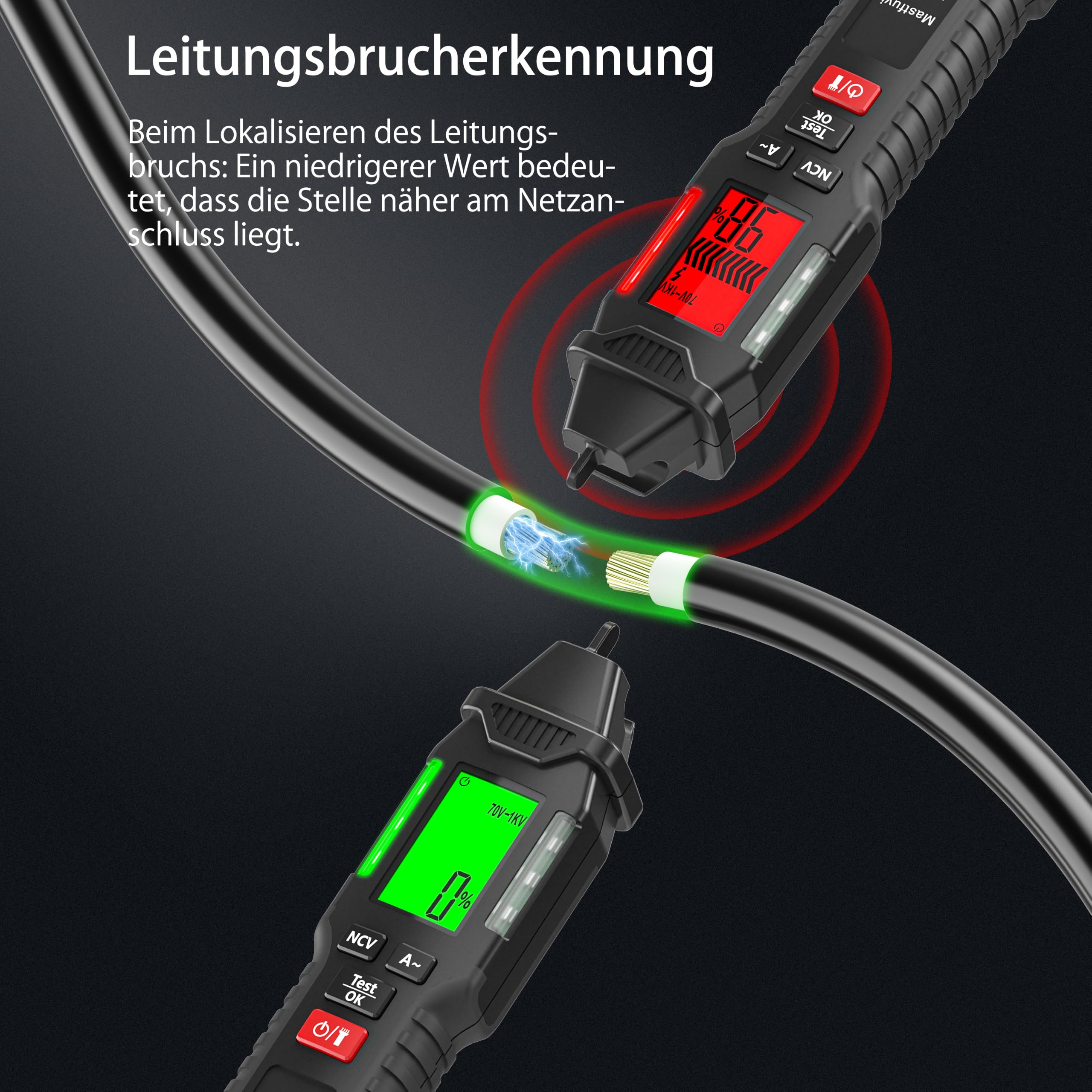 NCV Spannungsprüfer Berührungslos 12/70V - 1000V mit Taschenlampe | Messung des Stromwerts für mehradrige Leitungen, Mit Bruchpunkterkennung und Prozentanzeige, LED-Taschenlampe