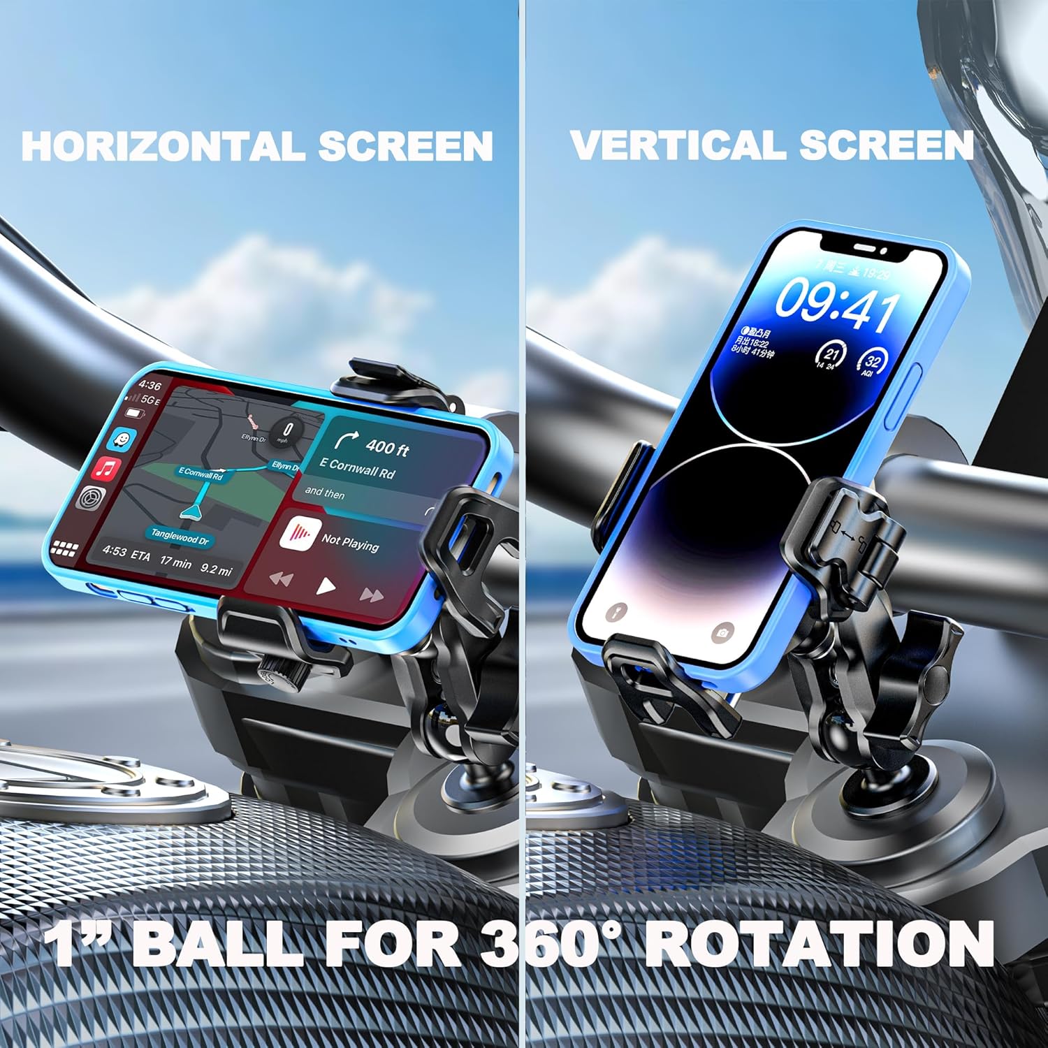 Anti-Vibration Motorcycle Fork Phone Mount with Dampers, 1" Ball Fork Stem Phone Holder Anti-Theft Suitable for 4.7"-7.2" Up to 15mm Thick Phones, Fits for BMW Yamaha...0.47"-1" Fork Holes