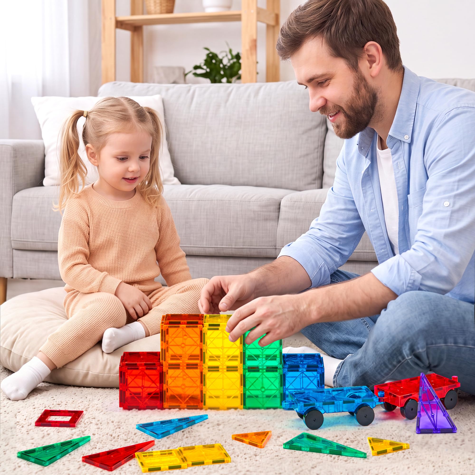 Gemmicc Set di 136 blocchi magnetici per bambini di lusso per puzzle magnetici 3D impilabili per ragazzi e ragazze, grande set con 2 auto