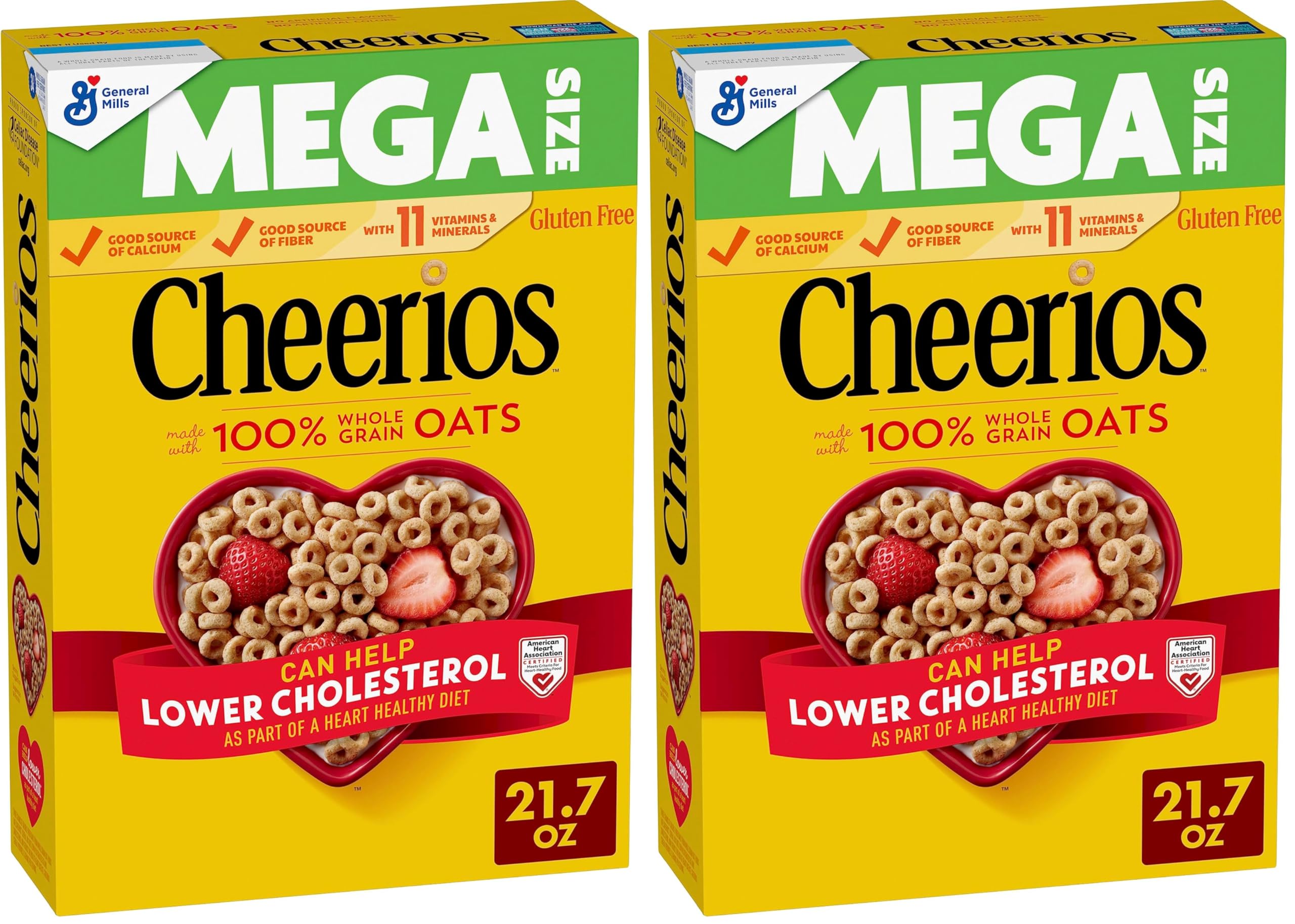 Cheerios Cereal, Limited Edition Happy Heart Shapes, Heart Healthy Cereal With Whole Grain Oats, Mega Size, 21.7 oz (Pack of 2)