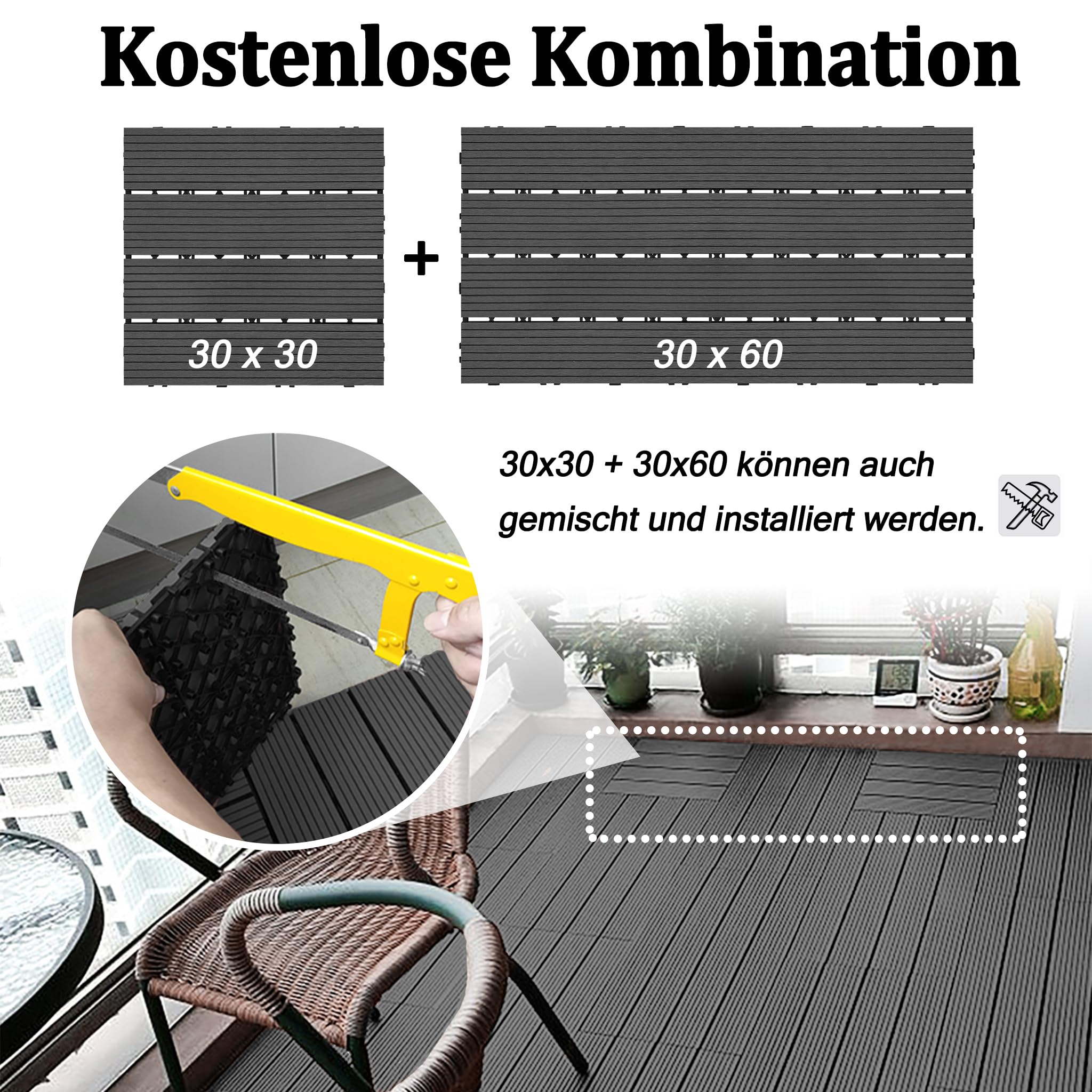 WPC - Piastrelle da pavimento, piastrelle da giardino, 60 x 30 cm, 12 pezzi/2 m², effetto legno, per balconi, terrazze, resistenti alle intemperie, con funzione drenaggio, colore antracite