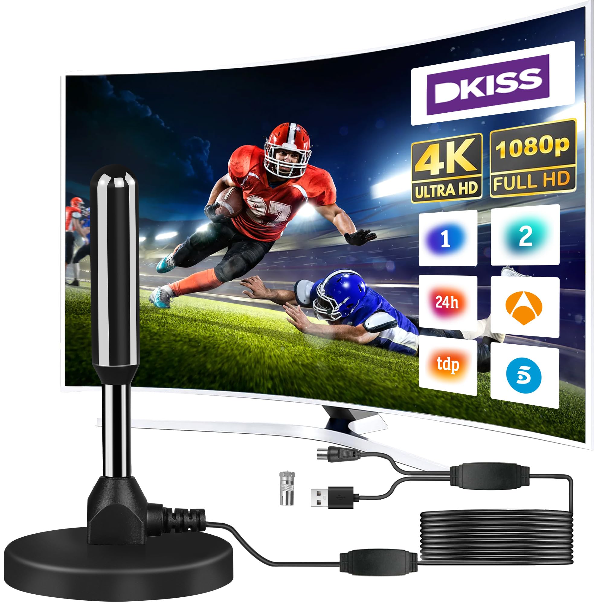 Antenna TV InteRior Potente, Nuovo per 2026 Antenna TNT Interior Potente, Cavo Coassiale Di 5 m, Ricezione Lunga Distanza 500 km, 360 Gradi senza Angolo Morto