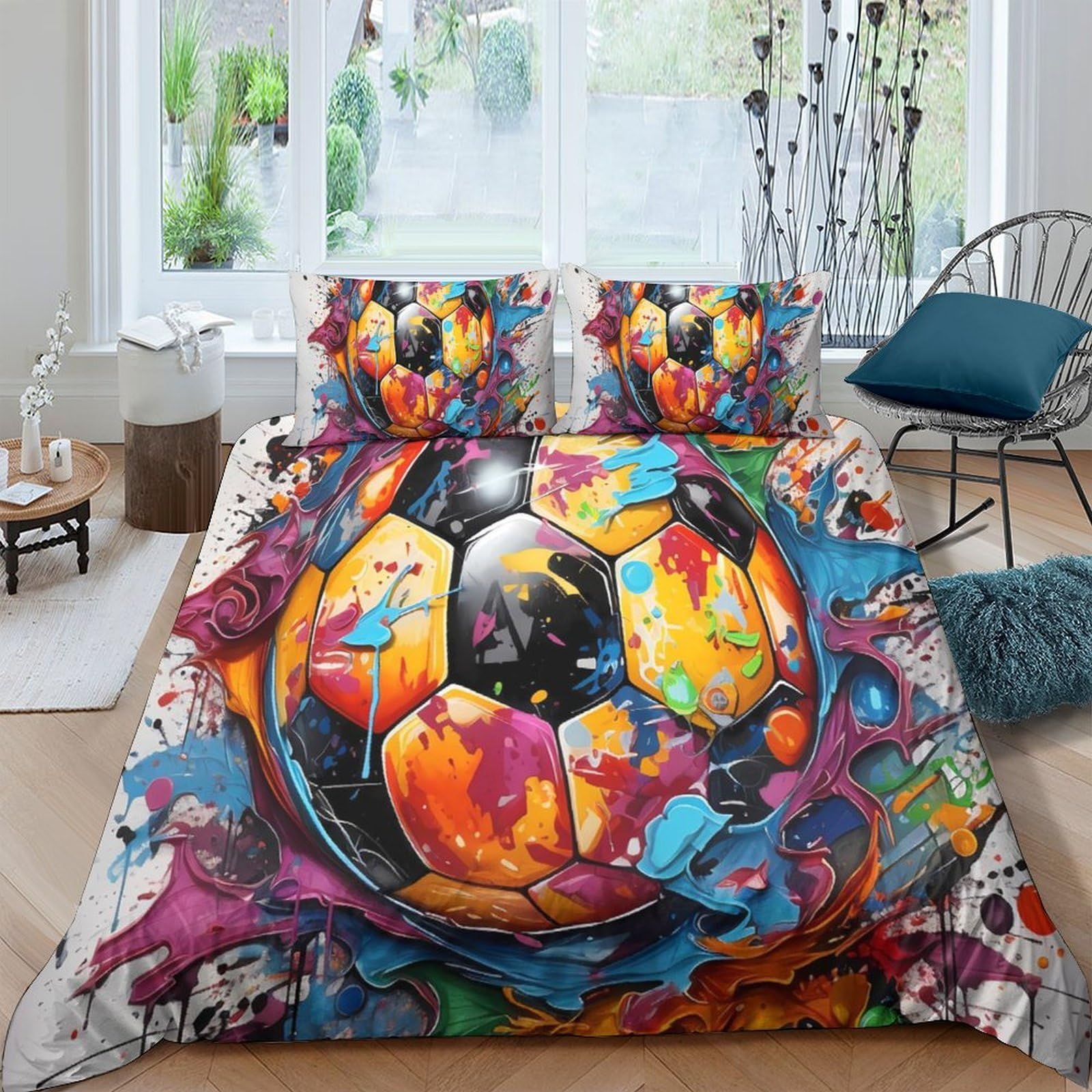 GPLZQXKJNH 3D Printed Graffiti Soccer Duvet Cover Microfiber Colourful Football Bedding Set with 2 Pillowcases for Bedroom Decor Single（135x200cm）