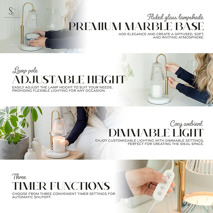 STERN & SPLENDID Flameless Candle Warmer Lamp for Jar Candles Large & Small – Dimmable Lamp Candle Warmer Electric with Large Marble Base & Adjustable Height – Candle Melter with Timer and 4 Halogen Light Bulbs photo 3