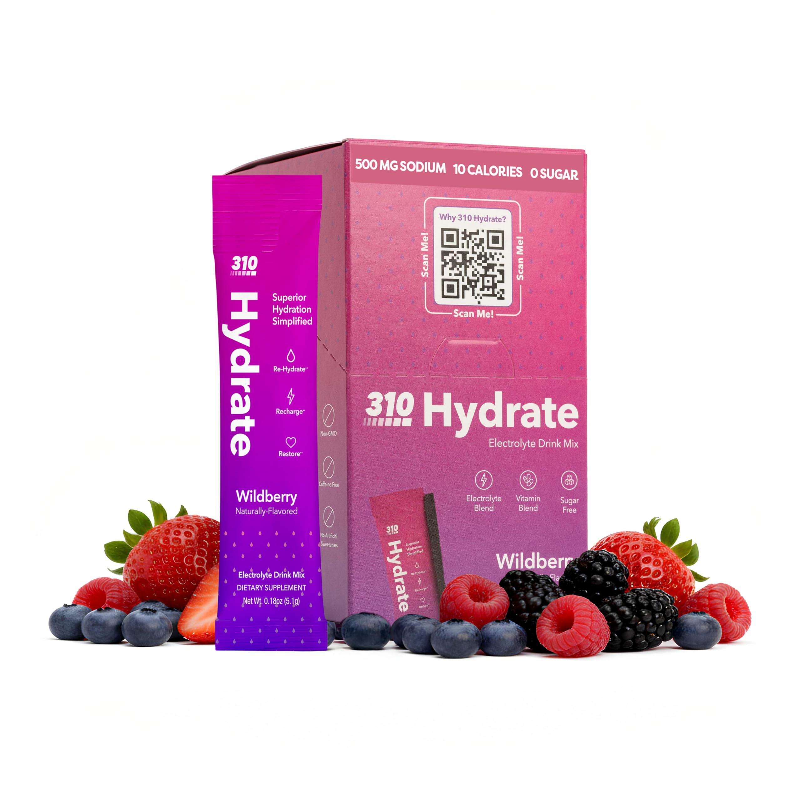 310 Nutrition Sugar Free Electrolytes Powder - Instant Hydration Packets for Daily Fluid Balance - Caffeine-Free Rehydration Drink Mix, Low Calorie & Keto Friendly - Wildberry 15 Singles