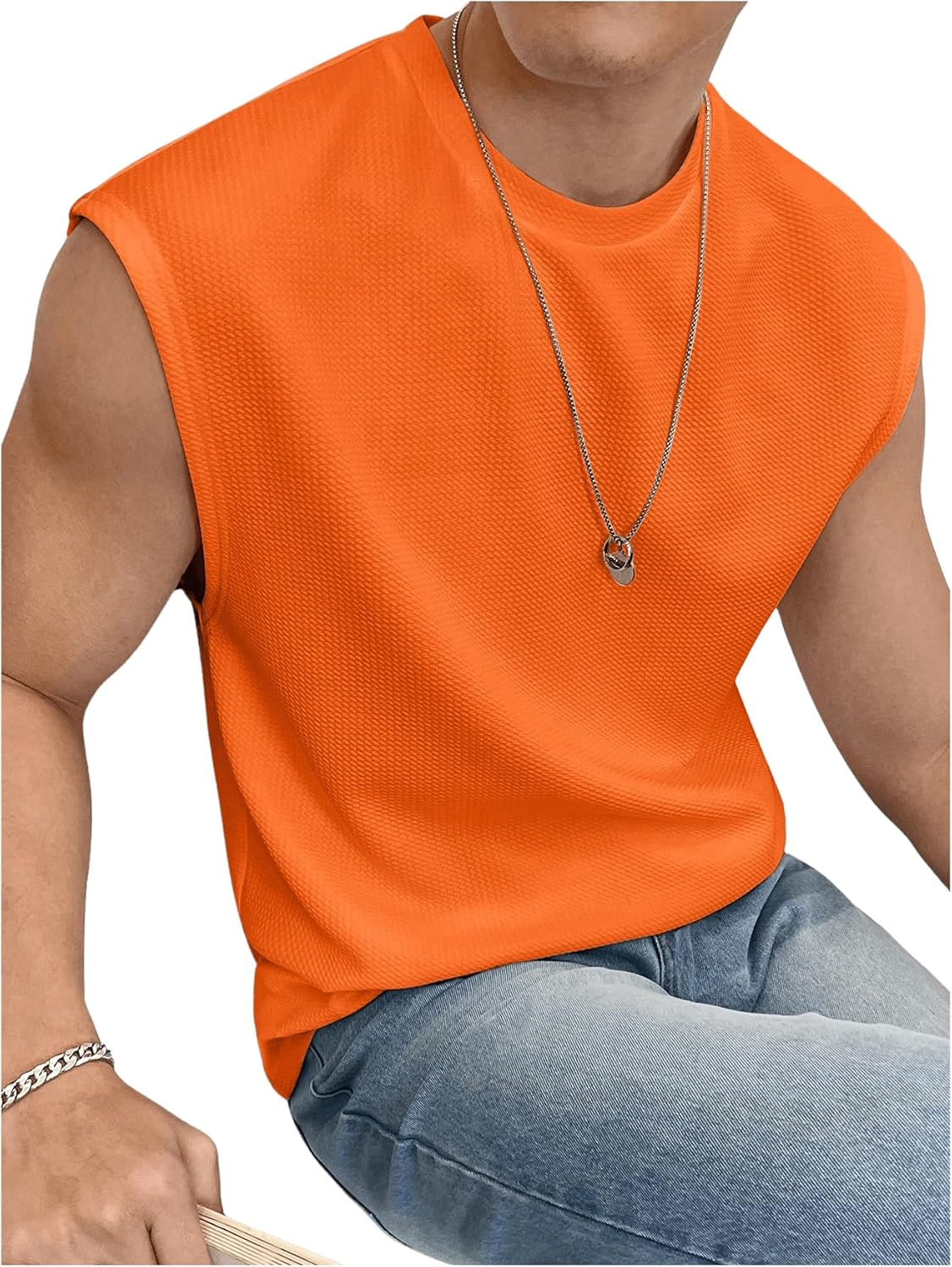OYOANGLE Men's Letter Textured Sleeveless Muscle Gym T Shirts Crew Neck Tank Tops Workout Athletic Casual Shirts - Image 3