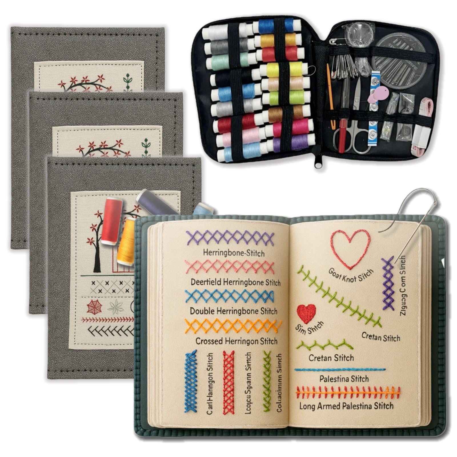 bergxperten embroom embroidery stitch book Handarbeitsbuch mit Stickanleitungen Set mit Nadel Faden Schere Schritt-für-Schritt-Guide für Anfänger und Hobby-Sticker DIY Stickerei Buch