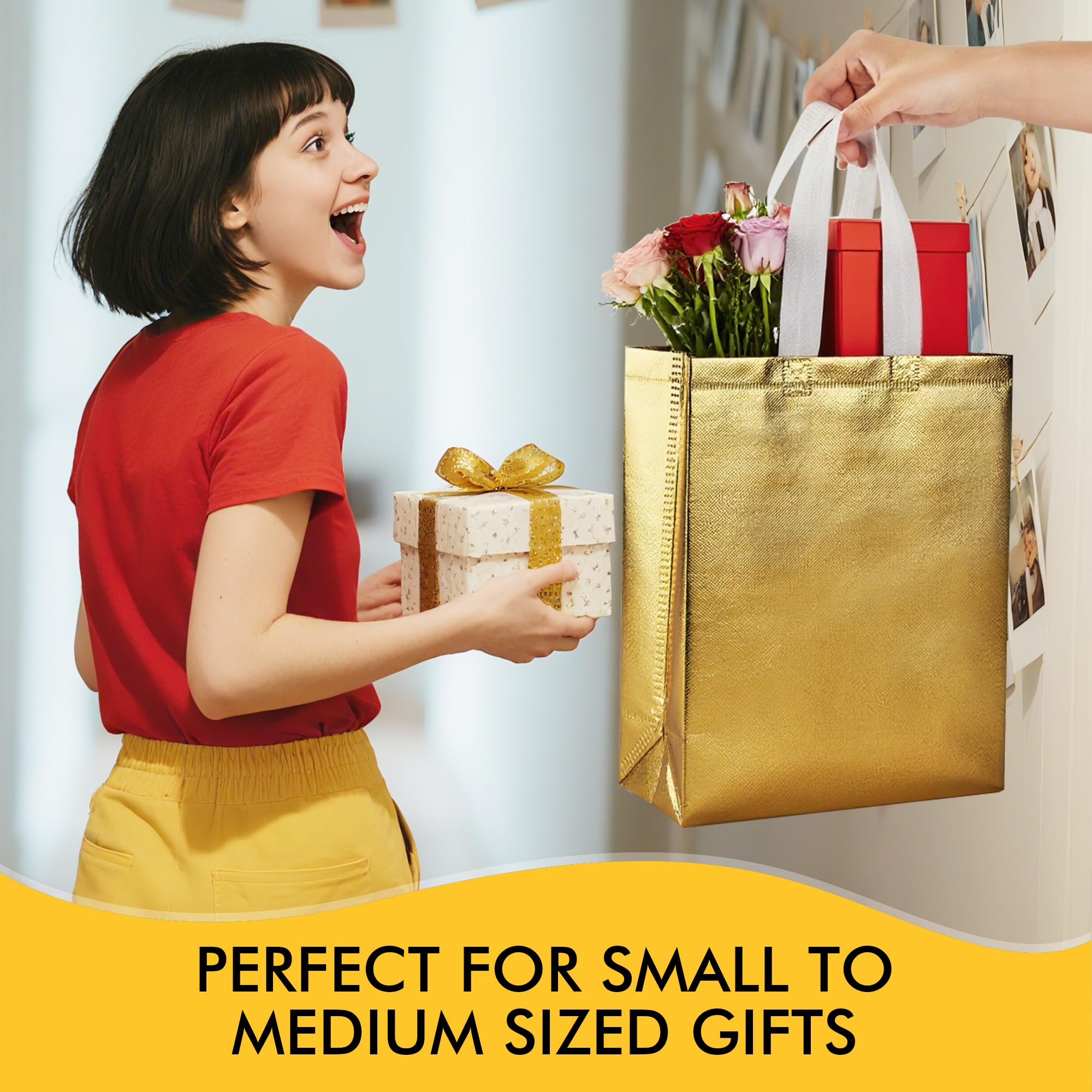RACETOP 100 Pcs Gold Reusable Gift Bags Medium Size, 8x4x10 Inch Gold Gift Bags with Handles & Sturdy Base, Ideal for Birthday, Wedding, Bachelorette, Party Favors, Holiday Goodie