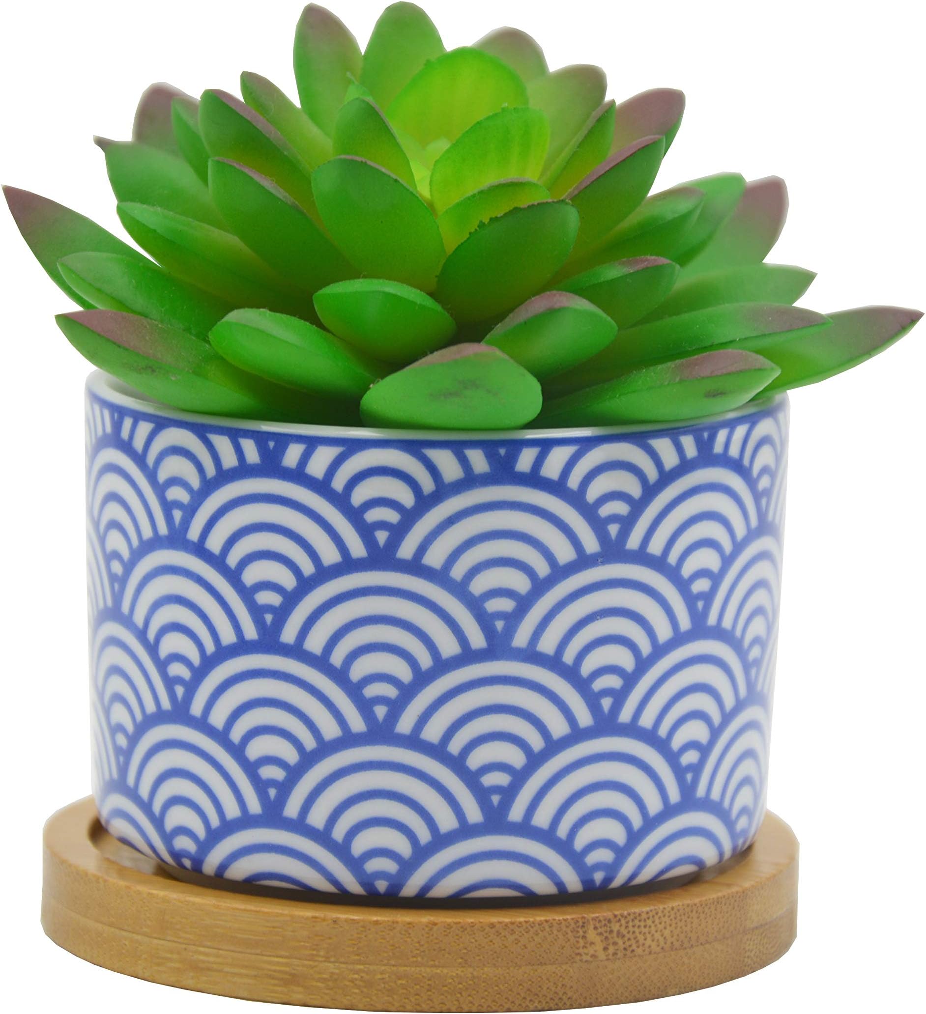 Cute 2.95 Inches Modern Cylindrical Shaped Ceramic Succulent Cactus Flower Plant Pots with Bamboo Tray - Plant Not Included (Japanese Style Blue)