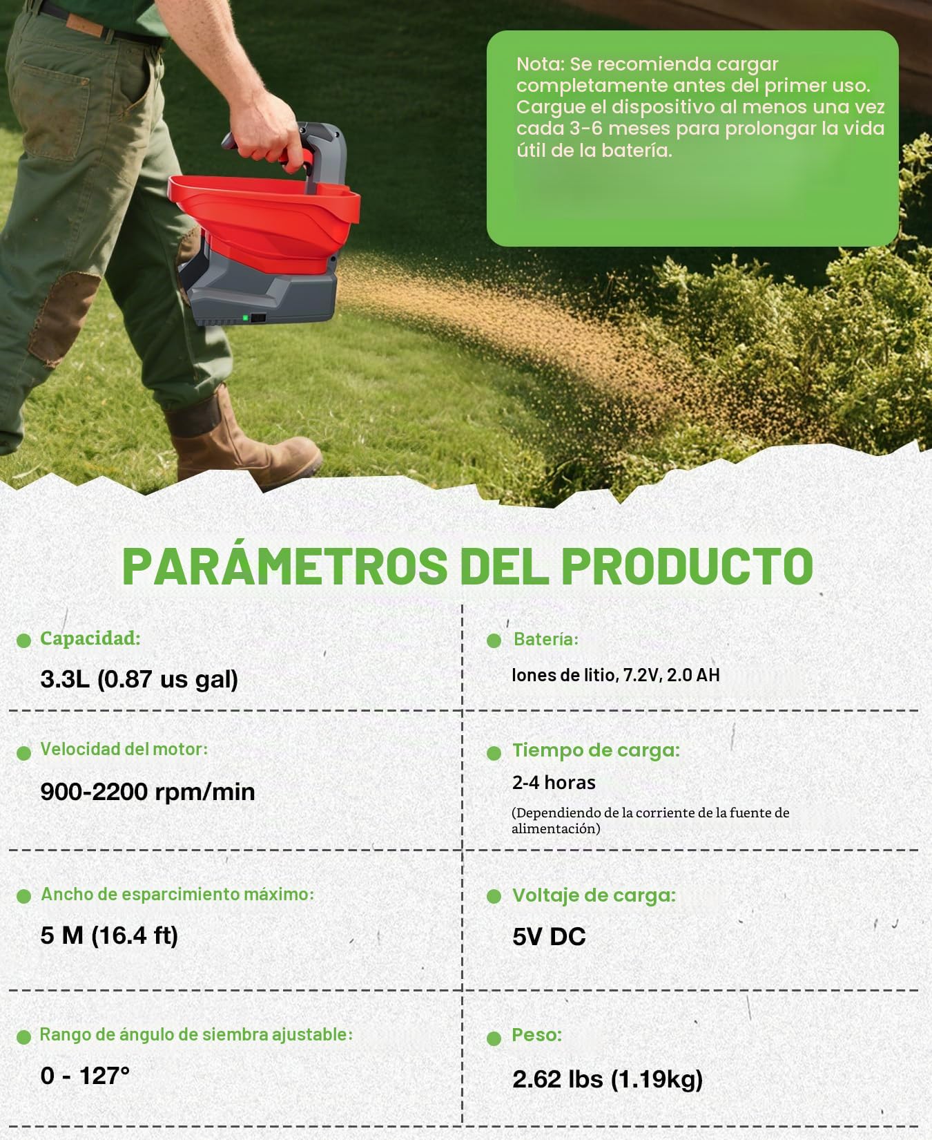Shall Sembradora Universal con batería Recargable, abonadora eléctrica de 7,2 V, Apta para salazón de Carreteras, remoción de Nieve y siembra, Incluye batería y Cargador.
