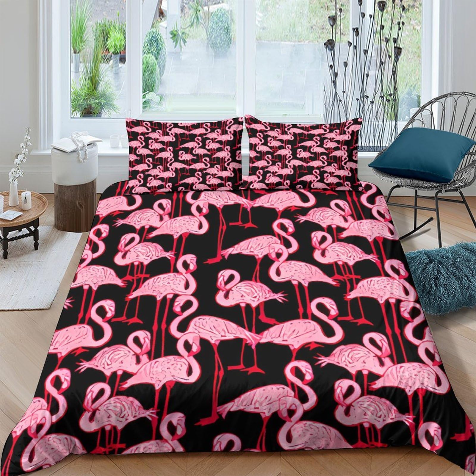 Funda nórdica de flamenco rosa estilo tropical para dormitorio doble moderno