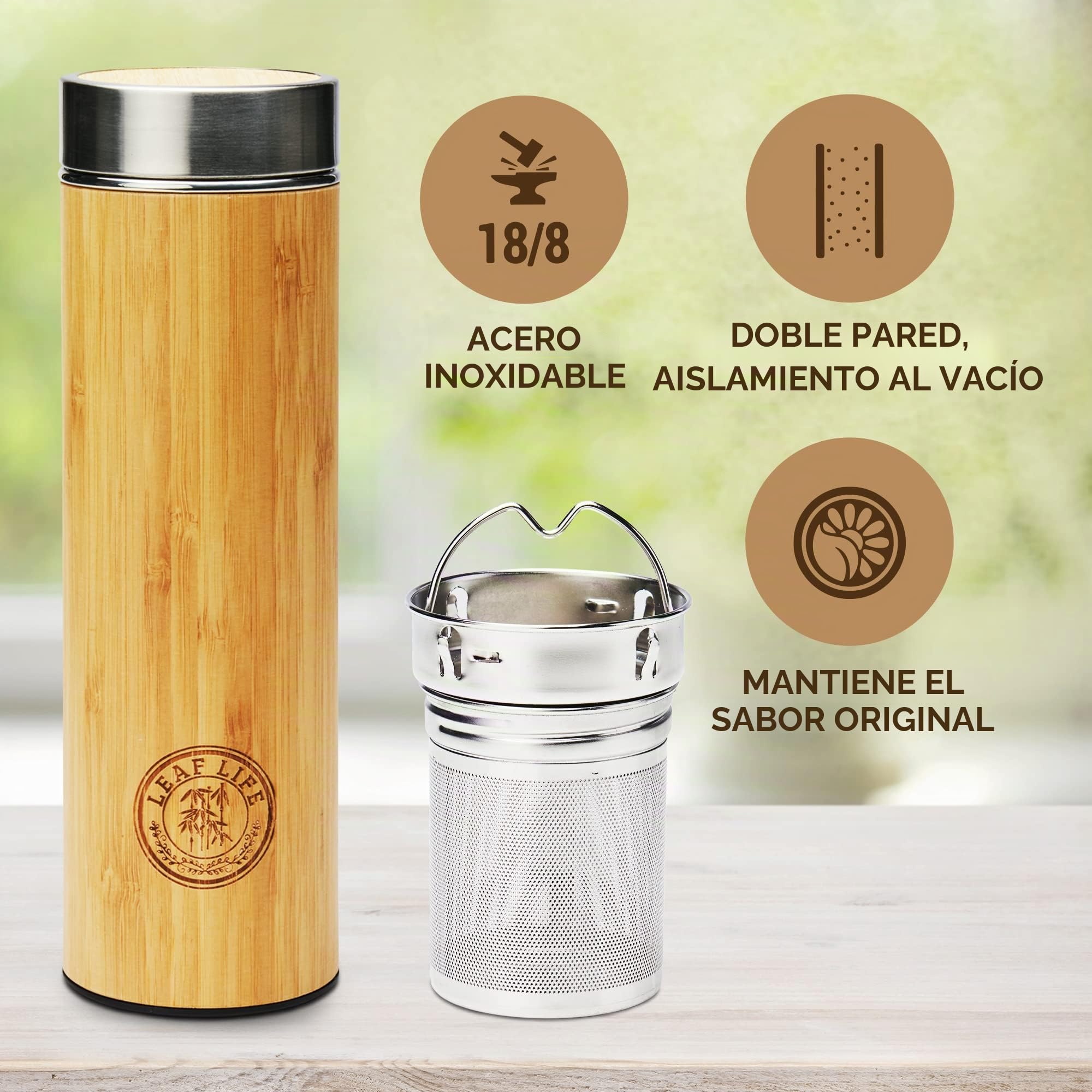 LeafLife Botella Térmica de Bambú con Colador e Infusor de Té 650 ml - Mantiene el Calor y el Frío Durante 12 Horas -Botella de Acero Inoxidable con Aislante al Vacío, Termo Café y Té en Hojas