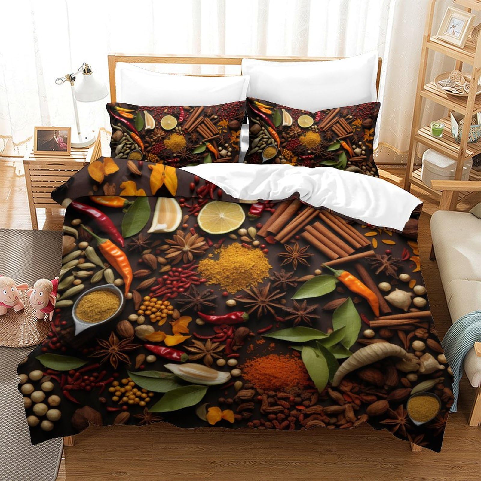 Housse de couette 200x200 motif épices 3D en microfibre avec ses deux taies d'oreiller