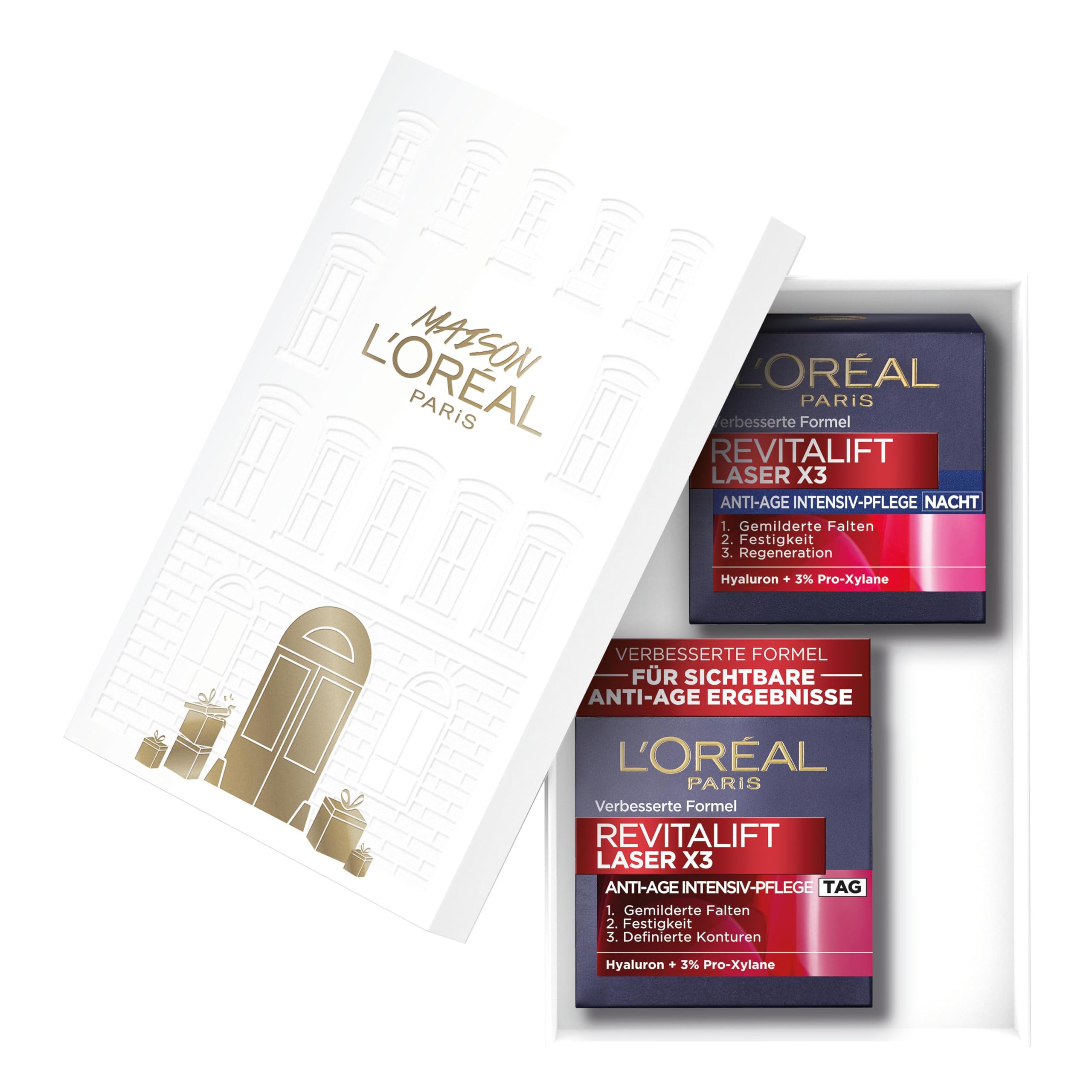 L'Oréal Paris Gesichtspflegeset, Anti-Aging Tages- und Nachtpflege mit 3-fach Wirkung, Hyaluronsäure und Pro-Xylane, Festigung und Regeneration der Haut, Revitalift Laser, 2 x 50 ml
