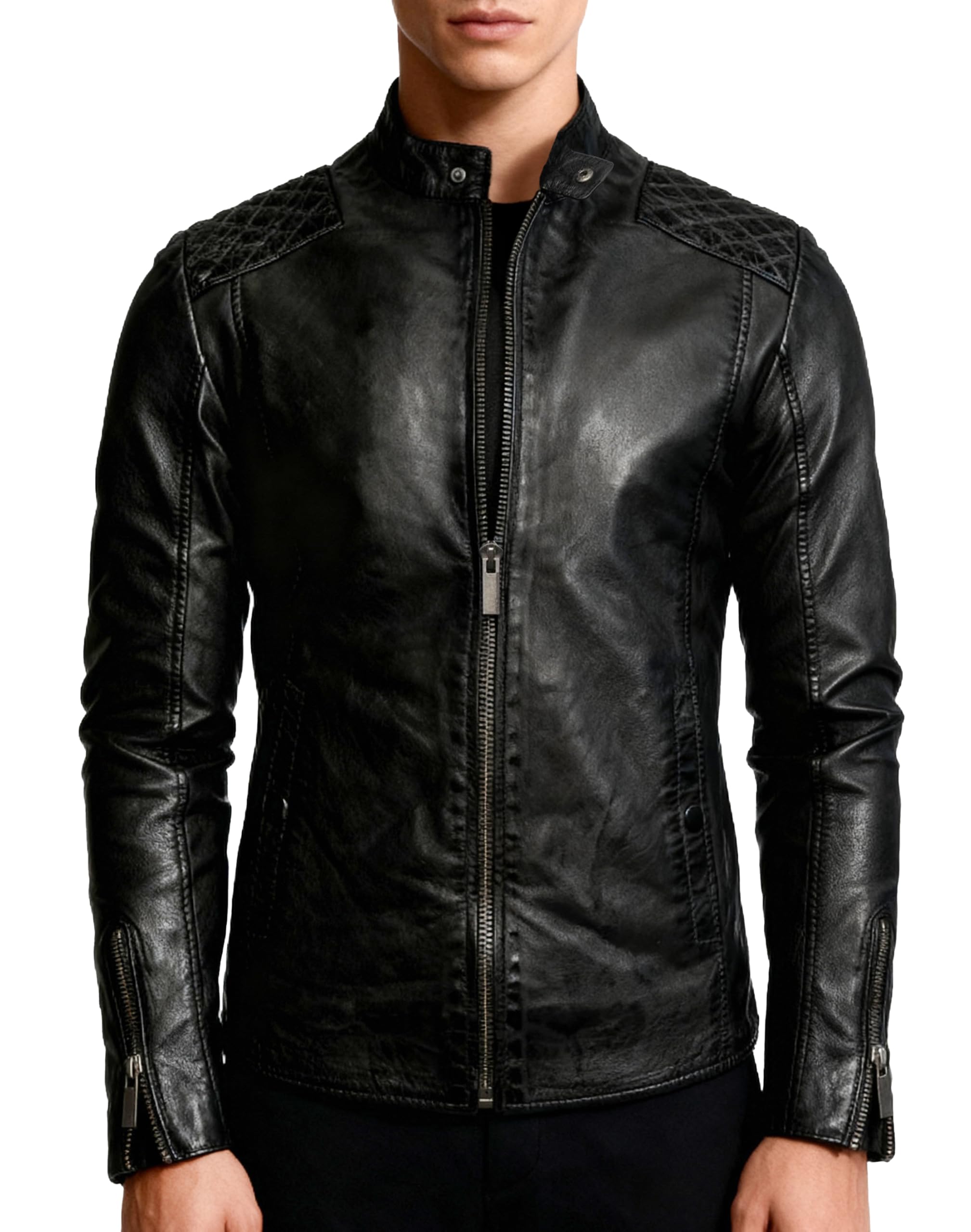 Crone Nero Herren Nubuk Lederjacke Biker Jacke mit Stehkragen