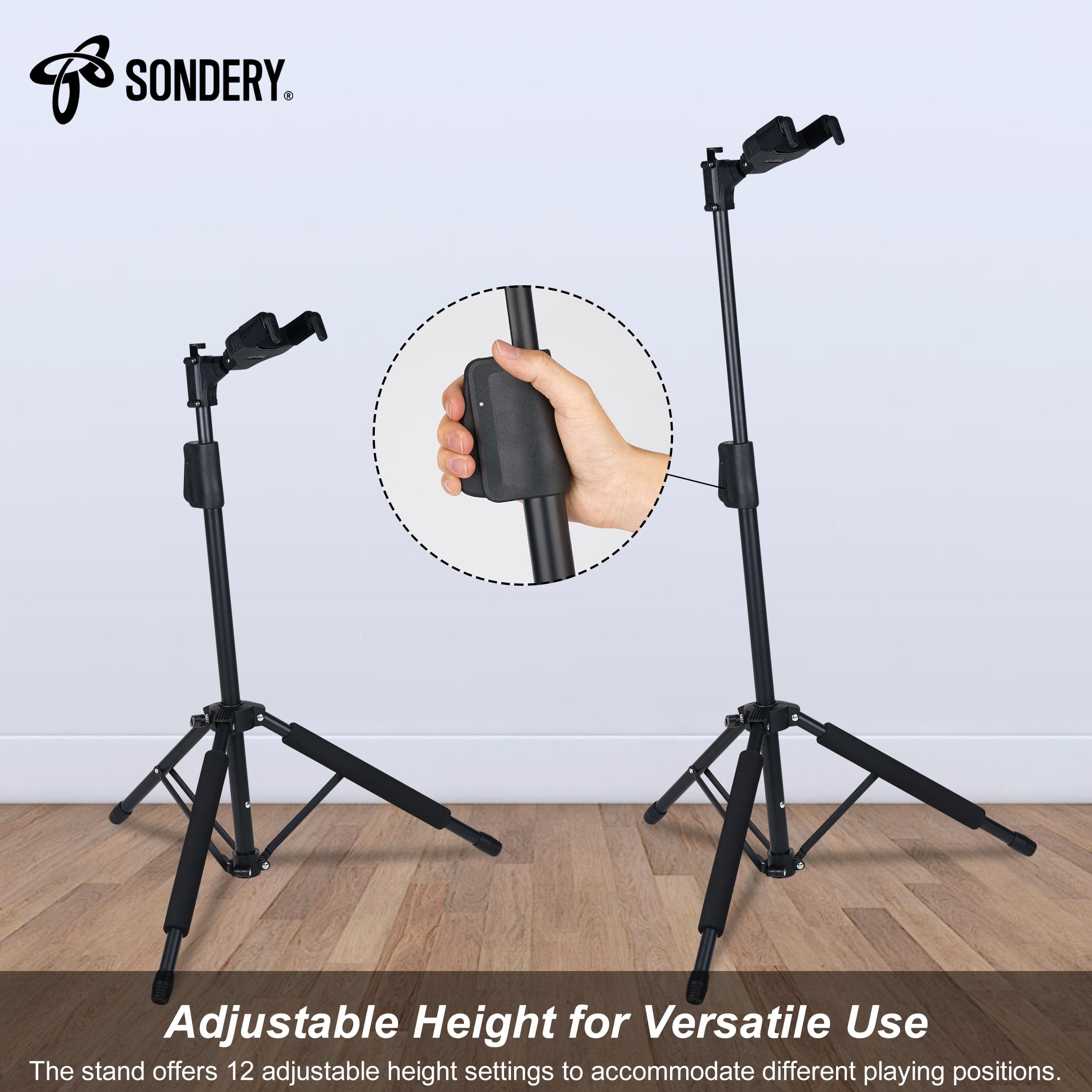 Sondery Soporte de guitarra para cualquier guitarra, bajo con cualquier acabado, trípode plegable ajustable con bloqueo automático