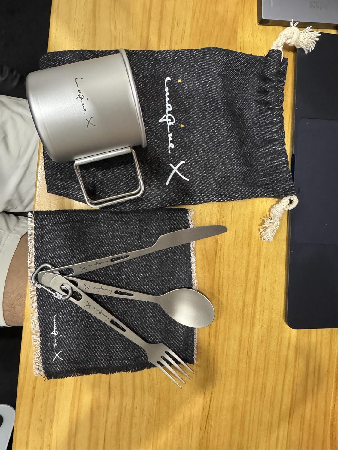 Titanium Camping Cup and Utensil Set, Portable Cutlery with Storage Bag