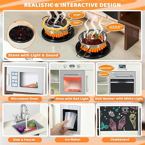 Miniatura 4 de Juego de cocina para niños de 3 piezas, juego de cocina de madera para niños pequeños, cocina modular con luz y sonido, juguete de cocina de esquina