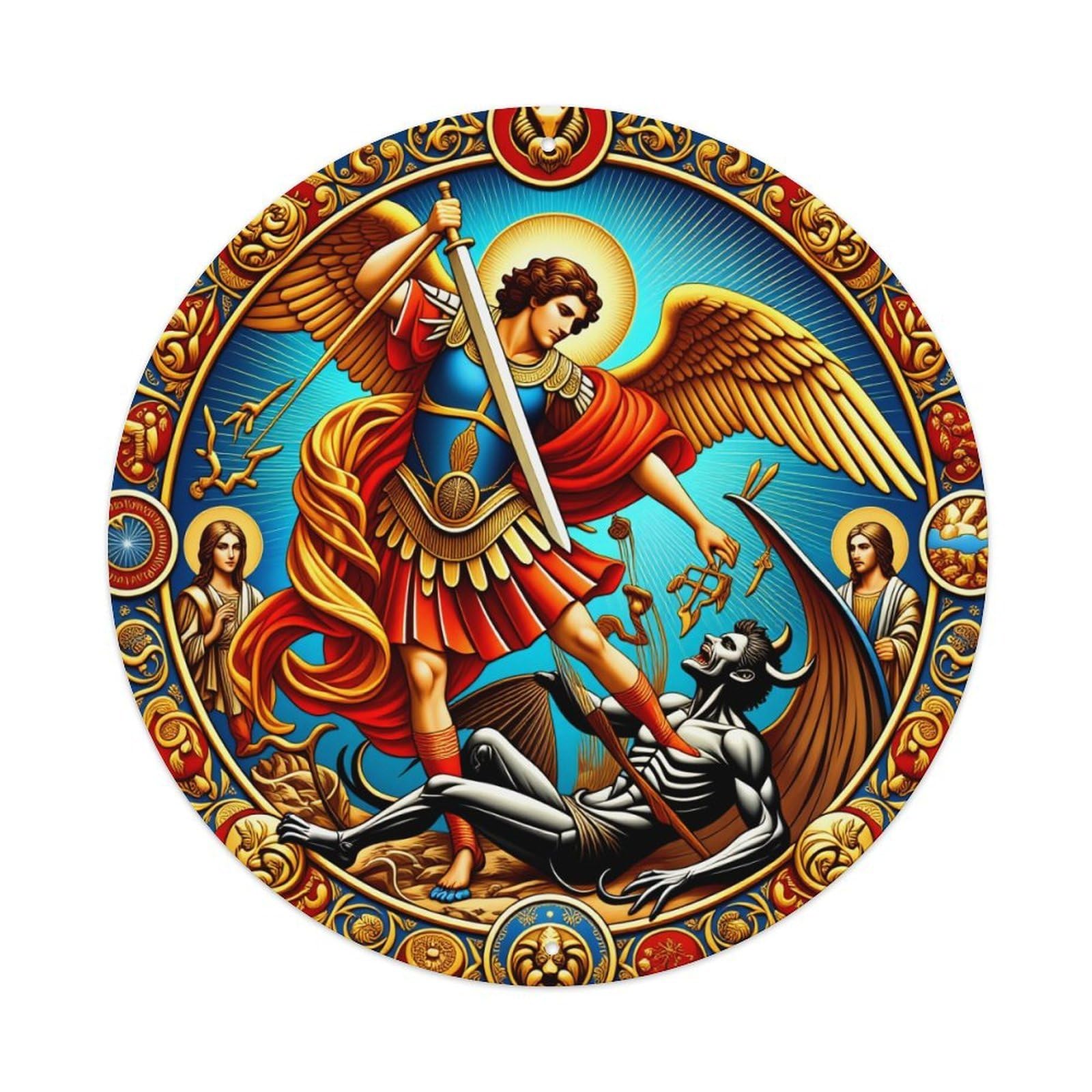 Angel Warrior Defeats Demon With Sword Metal Tin Sign Vintage Garden Bedroom Cafe Bar Man Cave Home Wall Decor Metal Poster 8x8 inches