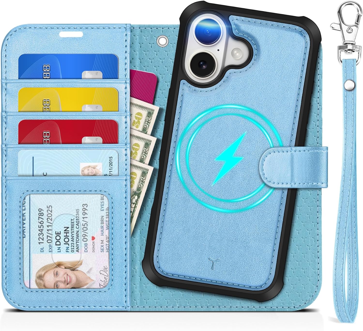 TUCCH Removable Case Wallet for iPhone 17 (6.3") 2025, Detachable Wrist Strap, Wireless Charging, Stand, 4 Card Holders RFID Blocking, 2-in-1 Magnetic, PU Leather Shockproof Cover, Pearly Light Blue for iPhone 17 Pearly Light Blue