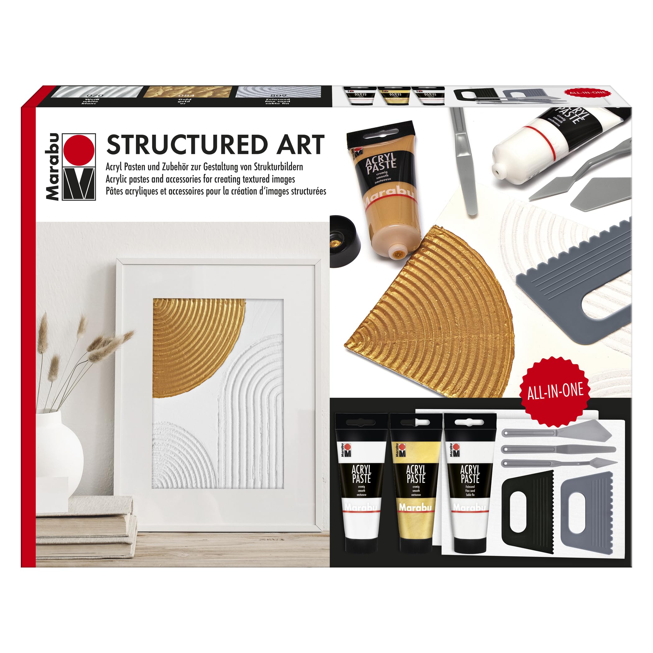 Marabu Set di paste acriliche STRUCTURED ART con spatola, coltello da pittura e cartone da colorare, set da pittura per mixed media, art journaling, spatole, ecc., 120200000088