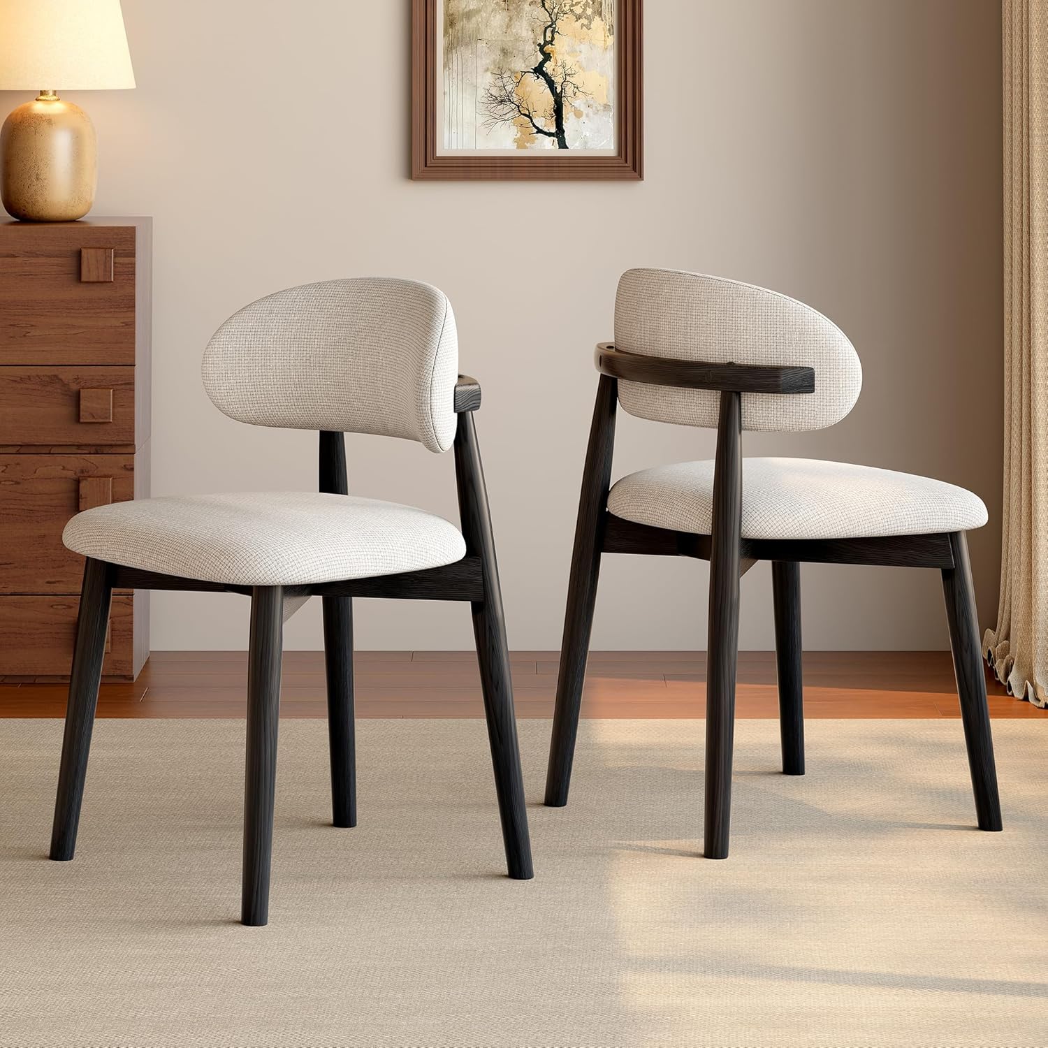 Wooden Dining Chairs Set of 2, Modern Fabric Upholstered Dining Room Chair, Kitchen Side Chairs, Mid Century Modern Dining Chairs, Farmhouse Dinner Chair for Kitchen Dining Room (Black)
