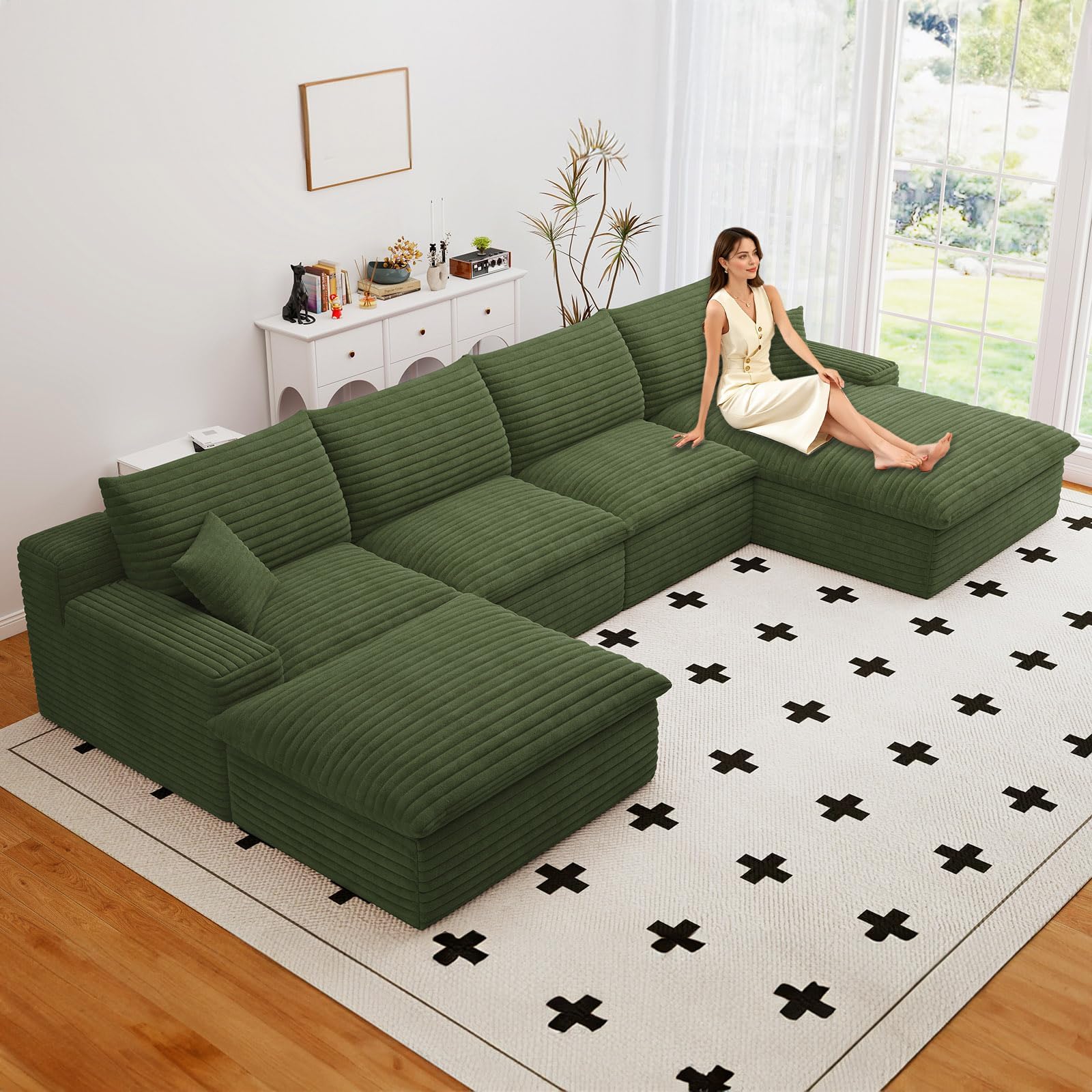 136" Cloud Couch Modular Sectional Sofa for Living Room, U-Shape Boneless Couch with Deep Seat, Modern Corduroy 4-Seater with Ottoman, No Assembly Required (Green,Right-Facing Chaise)