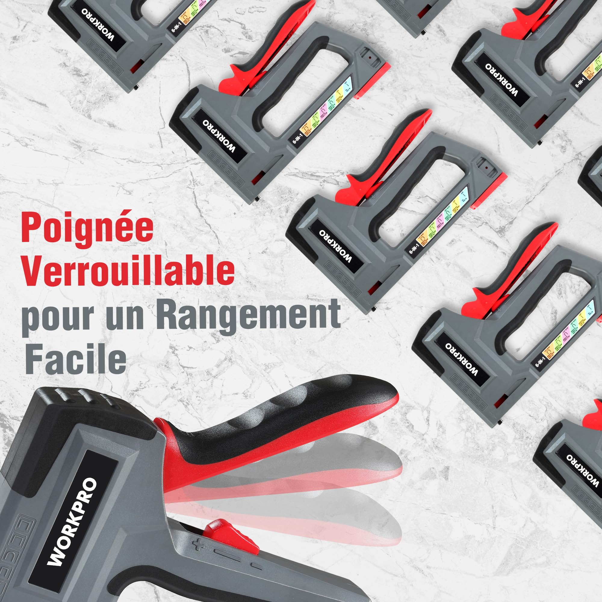 WORKPRO Agrafeuse Murale Multifonction 6 en 1 avec 4000 Agrafes, Agrafeuse Manuelle pour Fixer le Matériel, Décoration de Meuble, Assemblage de Porte, Fenêtre, Armoire