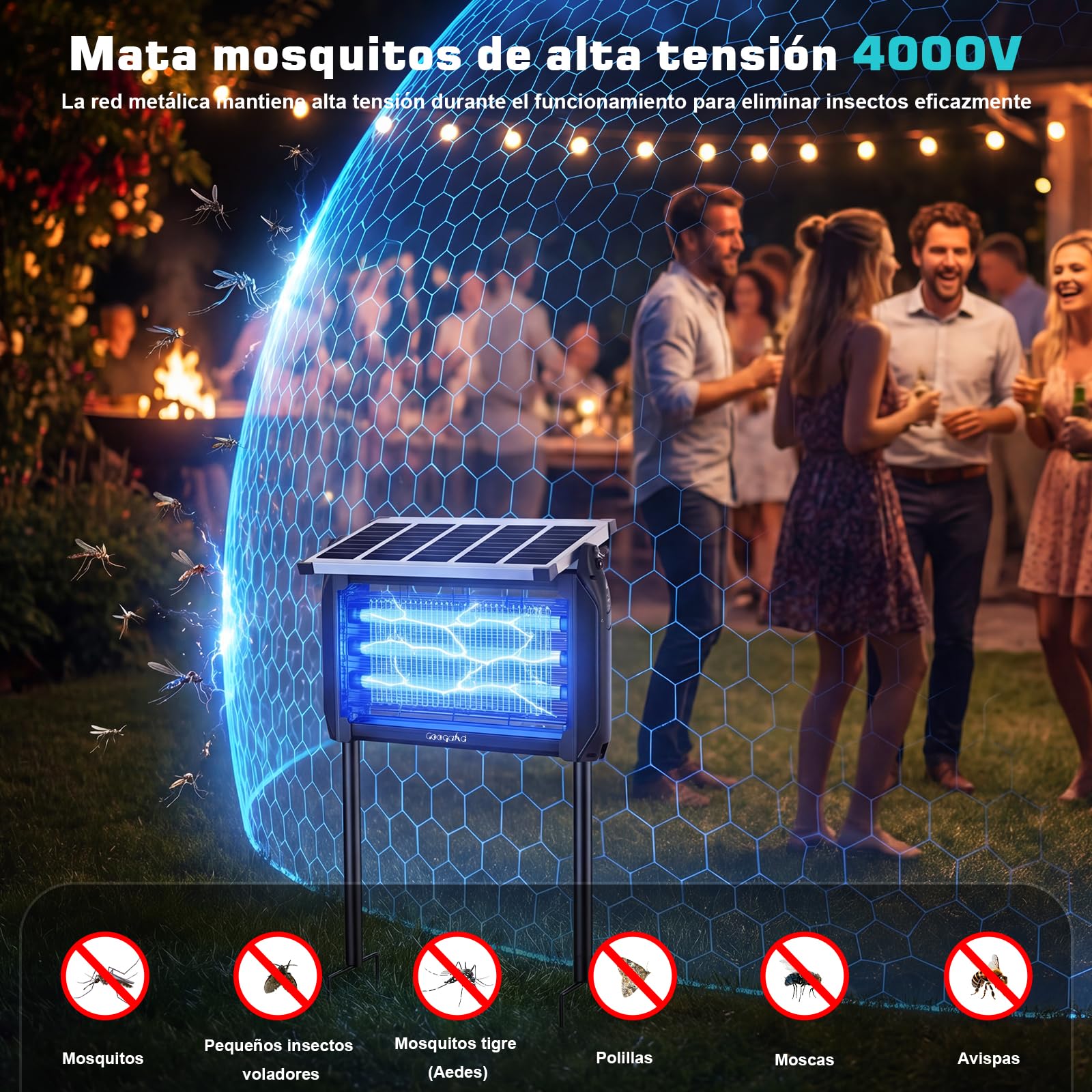Insecticida Eléctrico Solar 10W Exterior - Lámpara Antimosquitos, Trampa para Moscas 4000V con Luz UV, Impermeable IPX5, Mata Mosquitos para Cocina, Casa, Patio, Jardín, Camping
