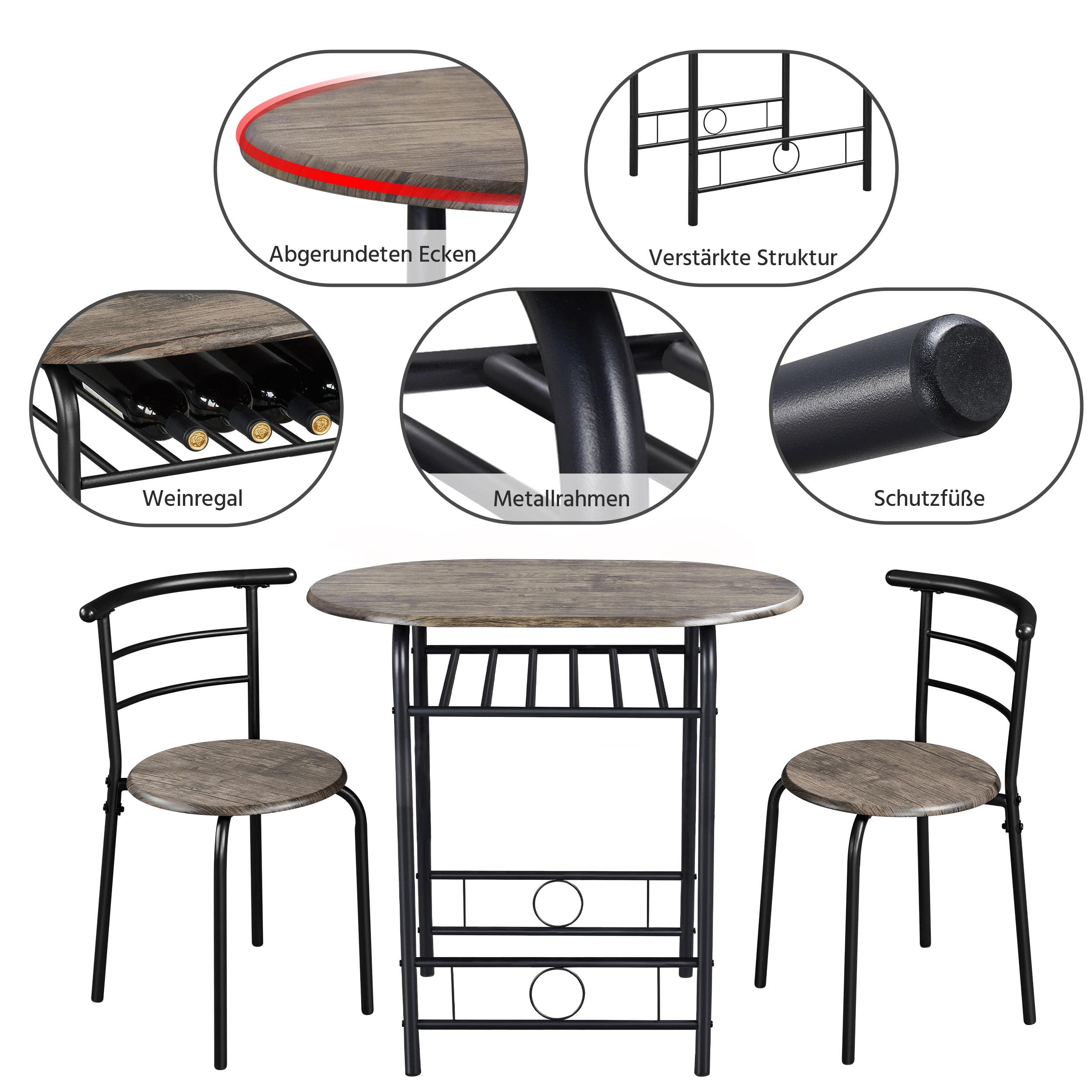 Yaheetech Essgruppe für 2 Personen, 1 Esstisch mit 2 Stühle, Küchentisch mit Ablagefach, Stahlgestell Tischgruppe für Küche, Wohnzimmer, Balkon, Restaurant, 80 x 53 x 75,5 cm, Drift Braun