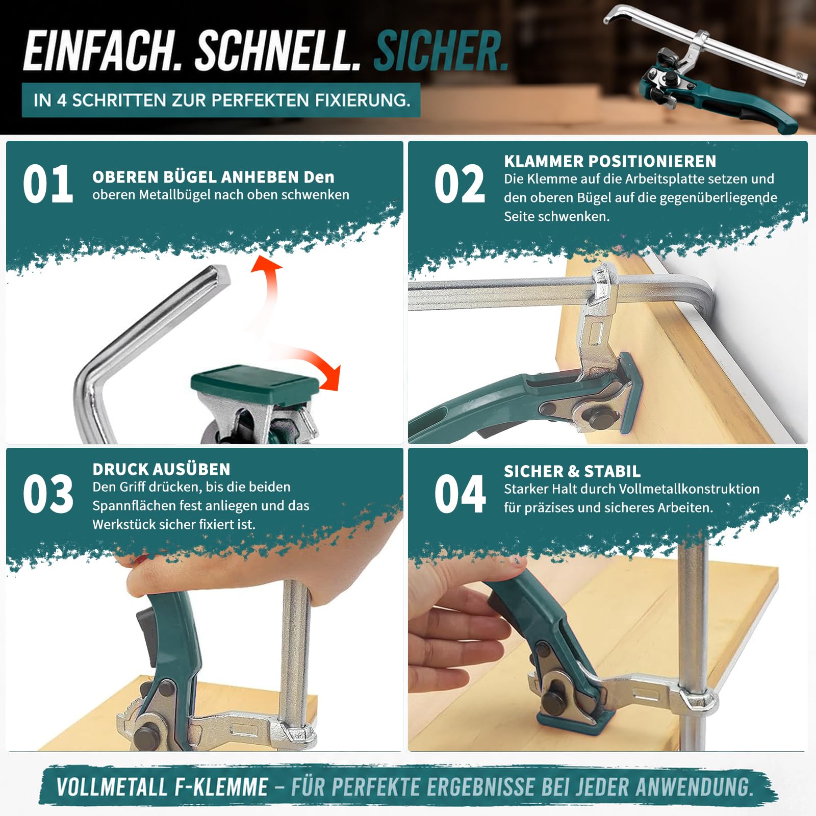 2 Stk Hebelzwinge, Ganzstahl Tischzwinge mit Hebelgriff, | Schnellspanner Zwinge mit 160mm Kapazität und 60mm Kehlentiefe zum Schneiden, Schleifen, Grün