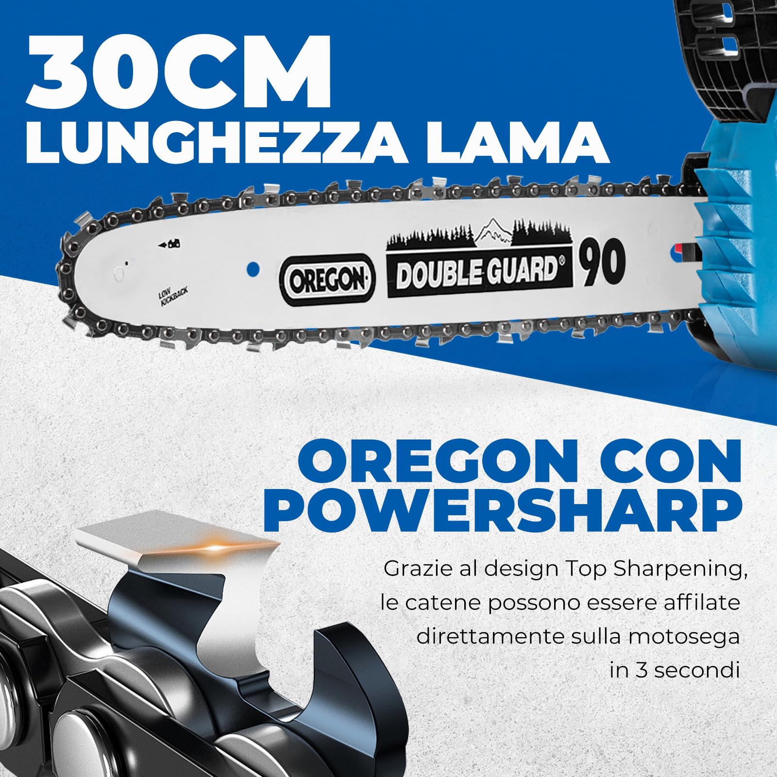 DongCheng Motosega a batteria 20V, brushless, 12 m/s, lama OREGON 30cm, 2x4,0Ah. Tendicatena senza attrezzi, lubrificazione automatica, 2kg (senza batteria), Giardino, legna, potatura