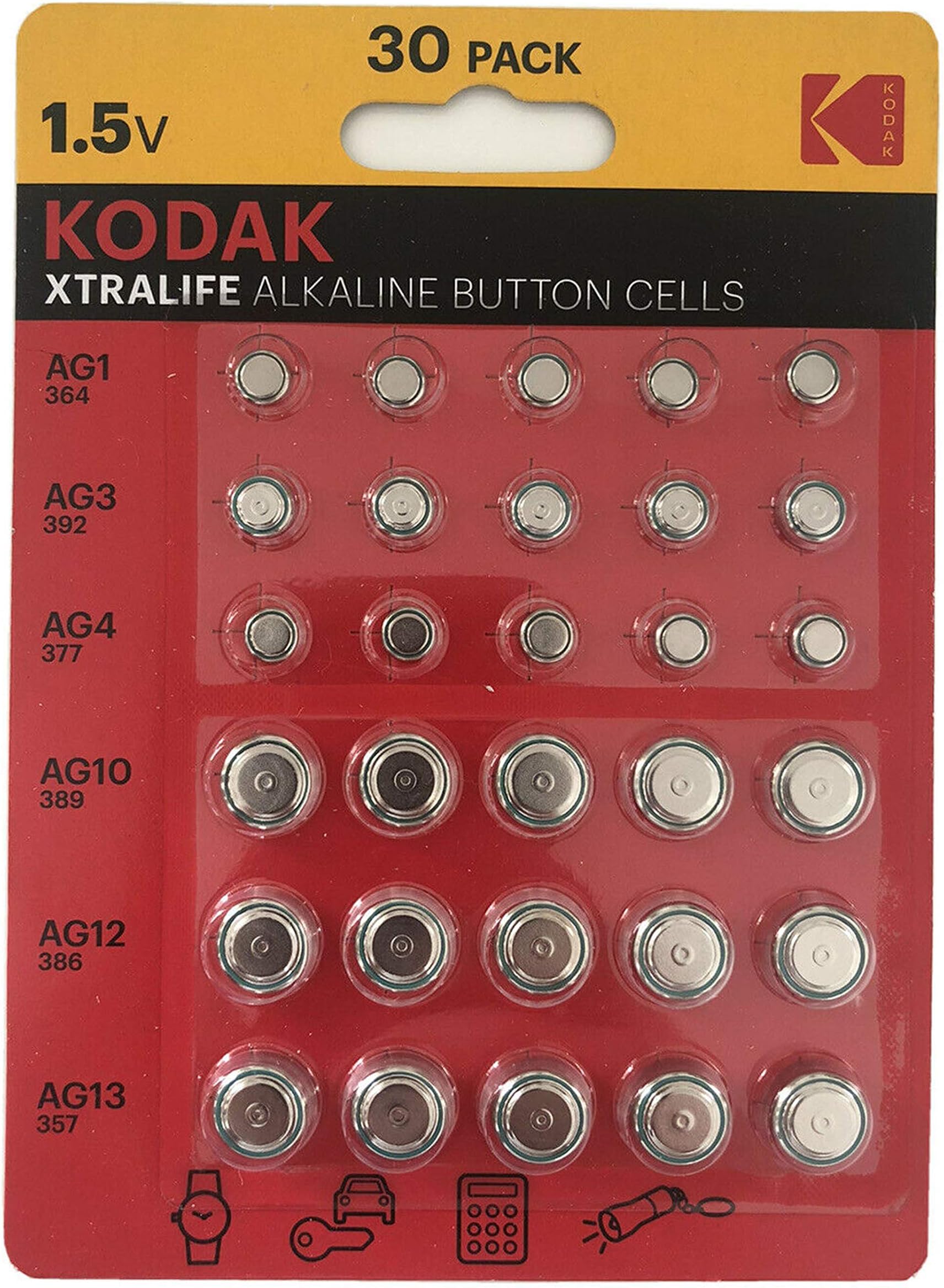 Kodak Xtralife 30 x Alkaline button cell batteries - AG1 364 - AG3 392 - AG4 337 - AG10 389 - AG12 386 - AG13 357