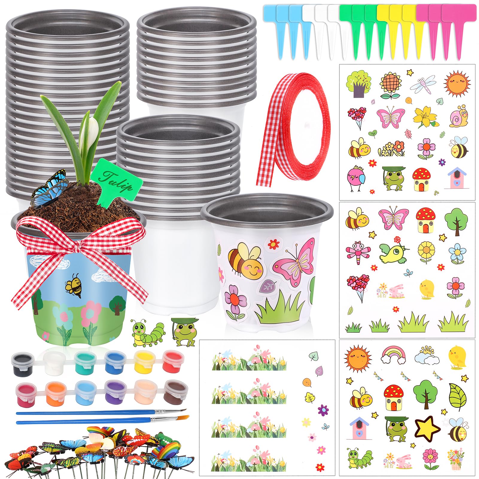 Garden Plastic Pot Craft Kit 50 Nursery Pots with 32 Stickers 50 Plant Labels 4 Painting Tools and 1 Ribbon for Kids Flower Plant Spring Graduation DIY Crafts Painting Gardening Growing Tools