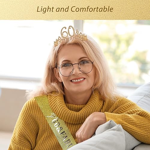 Miniatura 4 de EBE EmmasbyEmma Banda y tiara de cumpleaños número 60 para mujer, fabulosa banda con purpurina + fabulosa tiara de metal dorado de diamantes de