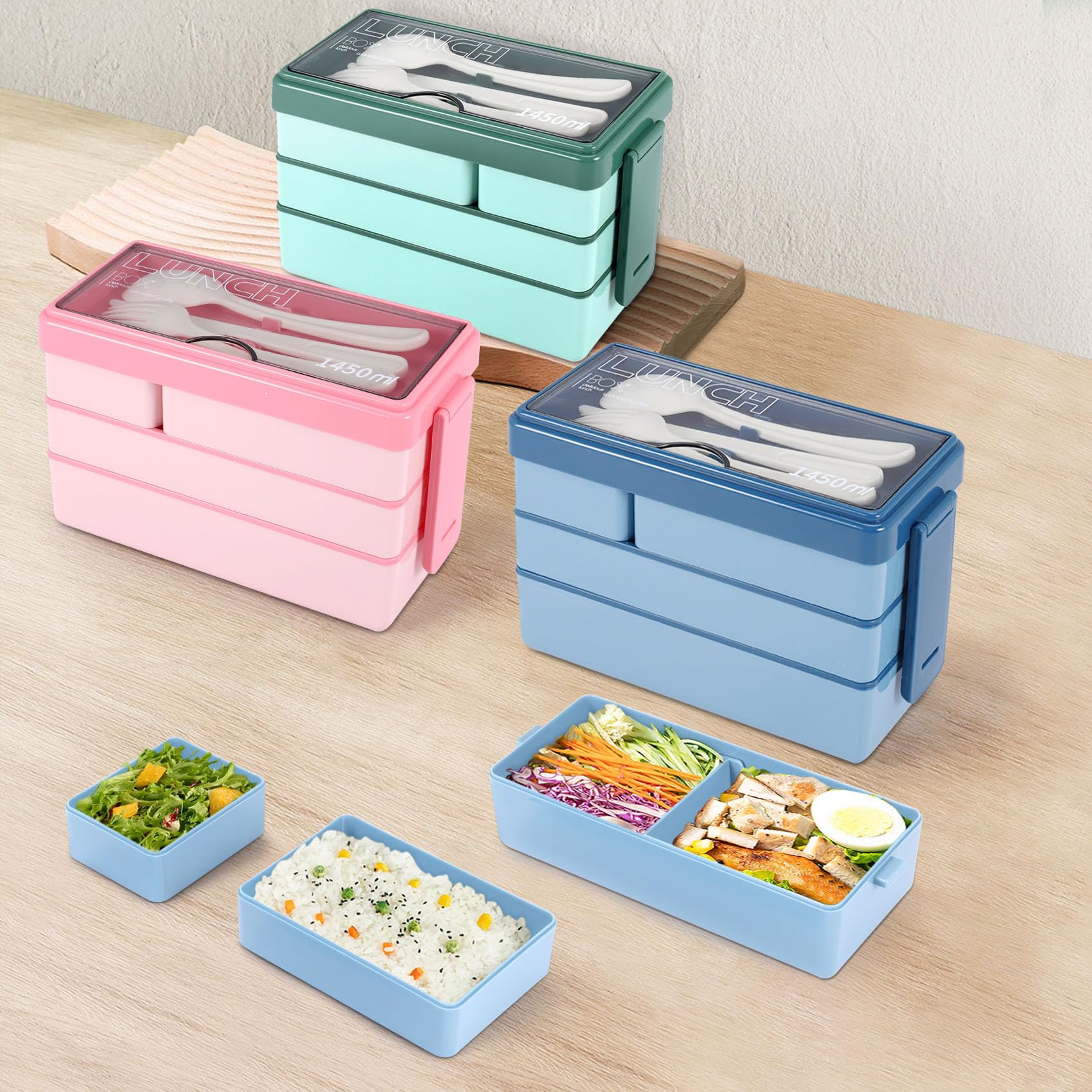 Bento Box Lunch Box,3-in-1 Food Containers with Compartments, 1450ml Leak-Proof bento box lunch box adults,Meal Prep Container Box for Adults Office,Microwave Dishwasher Safe (blue)