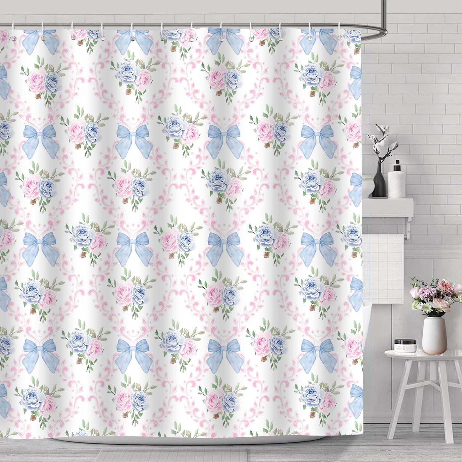 Coquette Blue Bow Shower Curtain,Preppy Style,Pink and Blue72x72Inch image 2