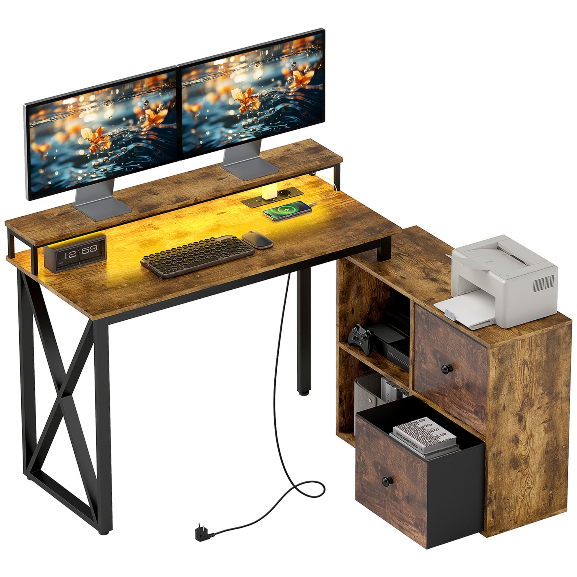 HOMCOM Escritorio Esquinero con Luces LED Escritorio en Forma de L con Estación de Carga 2 Compartimentos 2 Cajones de Tela Soporte para Monitor para Oficina en Casa Marrón Rústico