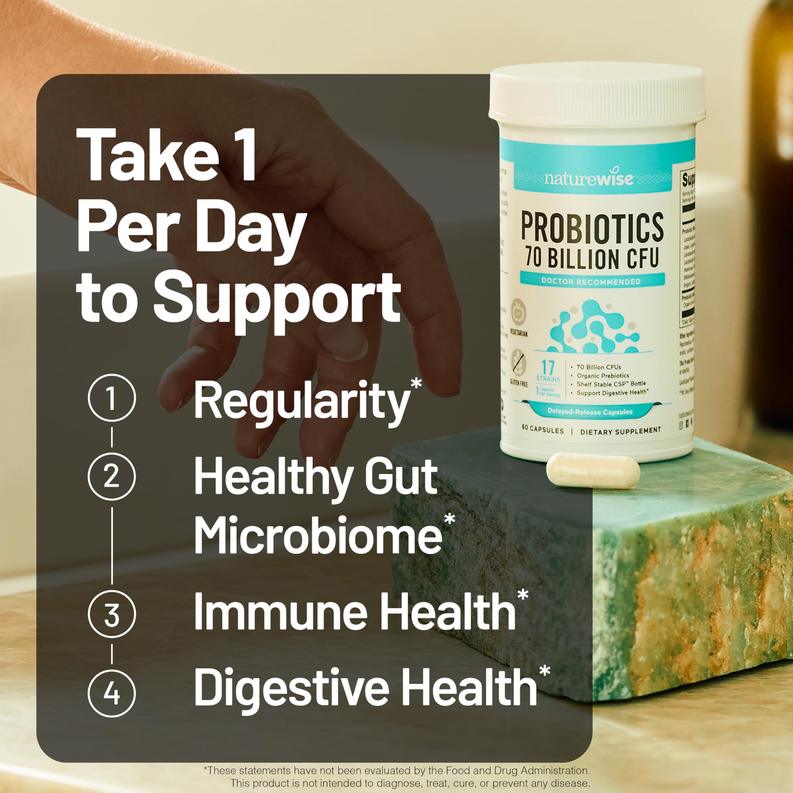 NatureWise Probiotics 70 Billion CFU - 17 Strains + Organic Prebiotics - Immune, Digestive & Gut Health Support for Women & Men - Vegetarian, Gluten-Free, Non-GMO - 60 Capsules[2-Month Supply] — Amazon image 9