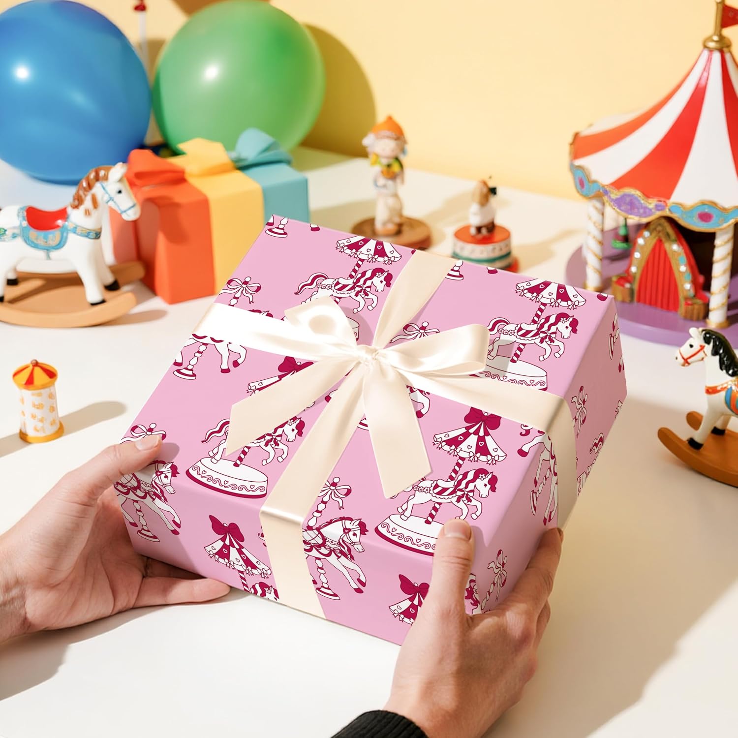 RUSPEPA Carousel Horse Wrapping Paper Roll, Pink Red Vintage Merry-Go-Round and Bow Design, Romantic Gift Wrap for Girls Birthday, Baby Shower, Carnival Party, Valentine's Day, 17 Inches x 16.4 Feet image 3