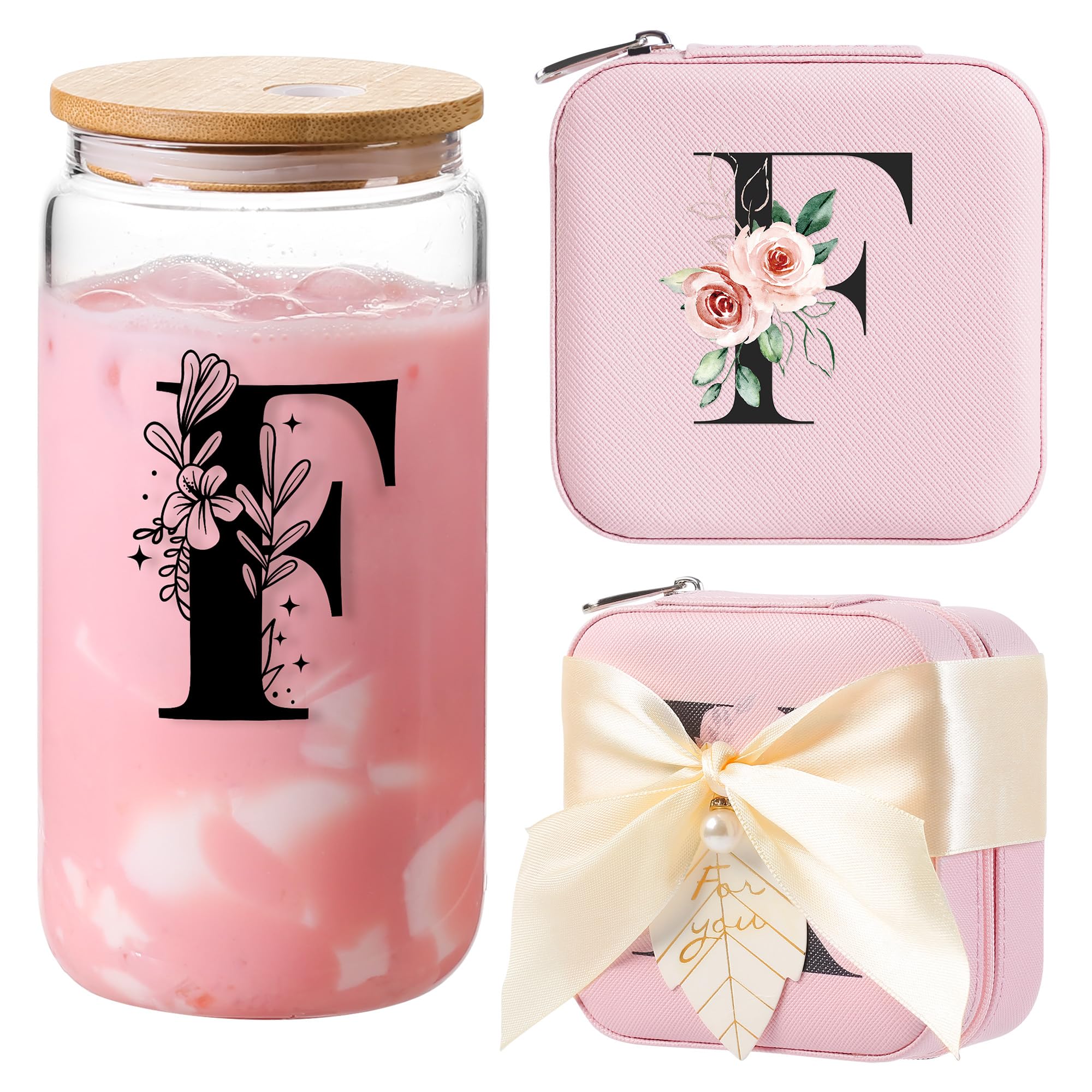 AYGXU Bridesmaid proposal gifts,Travel Initial Jewelry Box for Girls,Travel Jewelry Case,Initial Glass Cup,Cute Tumbler Cup,Small Jewelry Organizer for Teen Girls Gifts,Initial F pink
