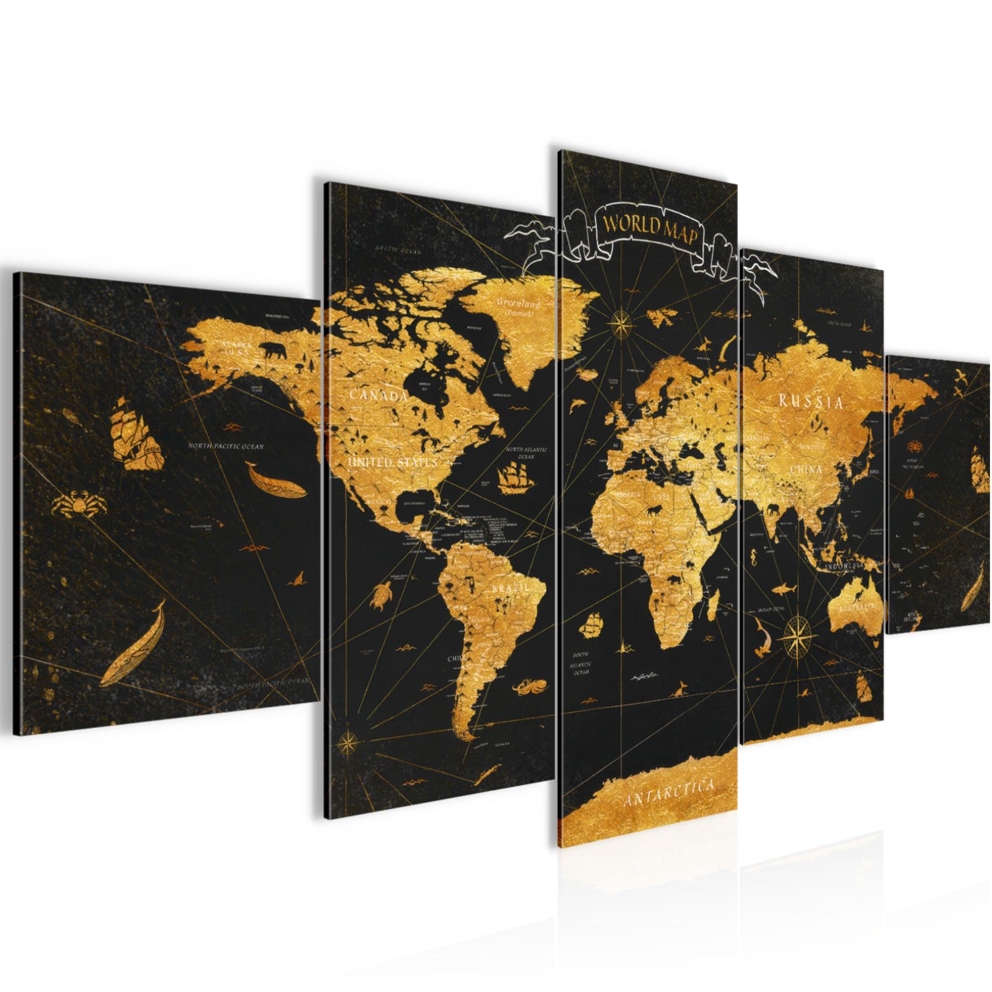 Runa Art - Peinture carte du monde 200L x 100l cm 5 Parties XXL Decoration Murale Dessin Carte mondiale or noir 056451a